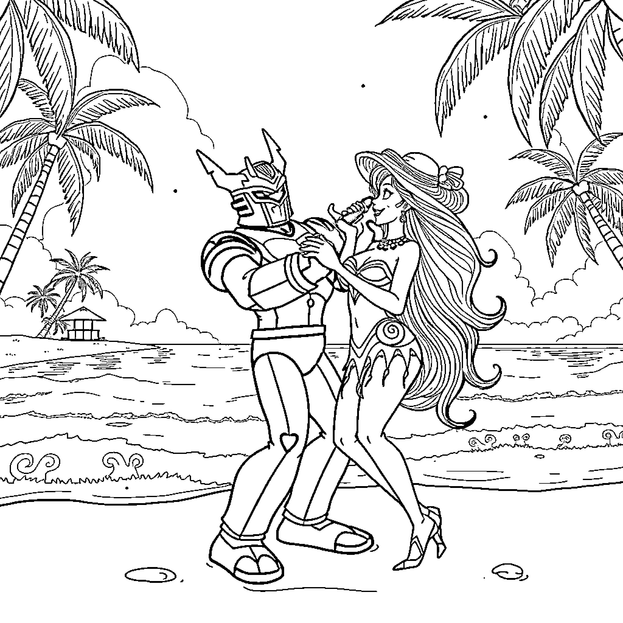 Mazinger Z characters in tropical beach scene Coloring Page (free black-and-white line drawing printable PDF for all, from beginners to advanced learners, including children, teens, adults, and seniors)
