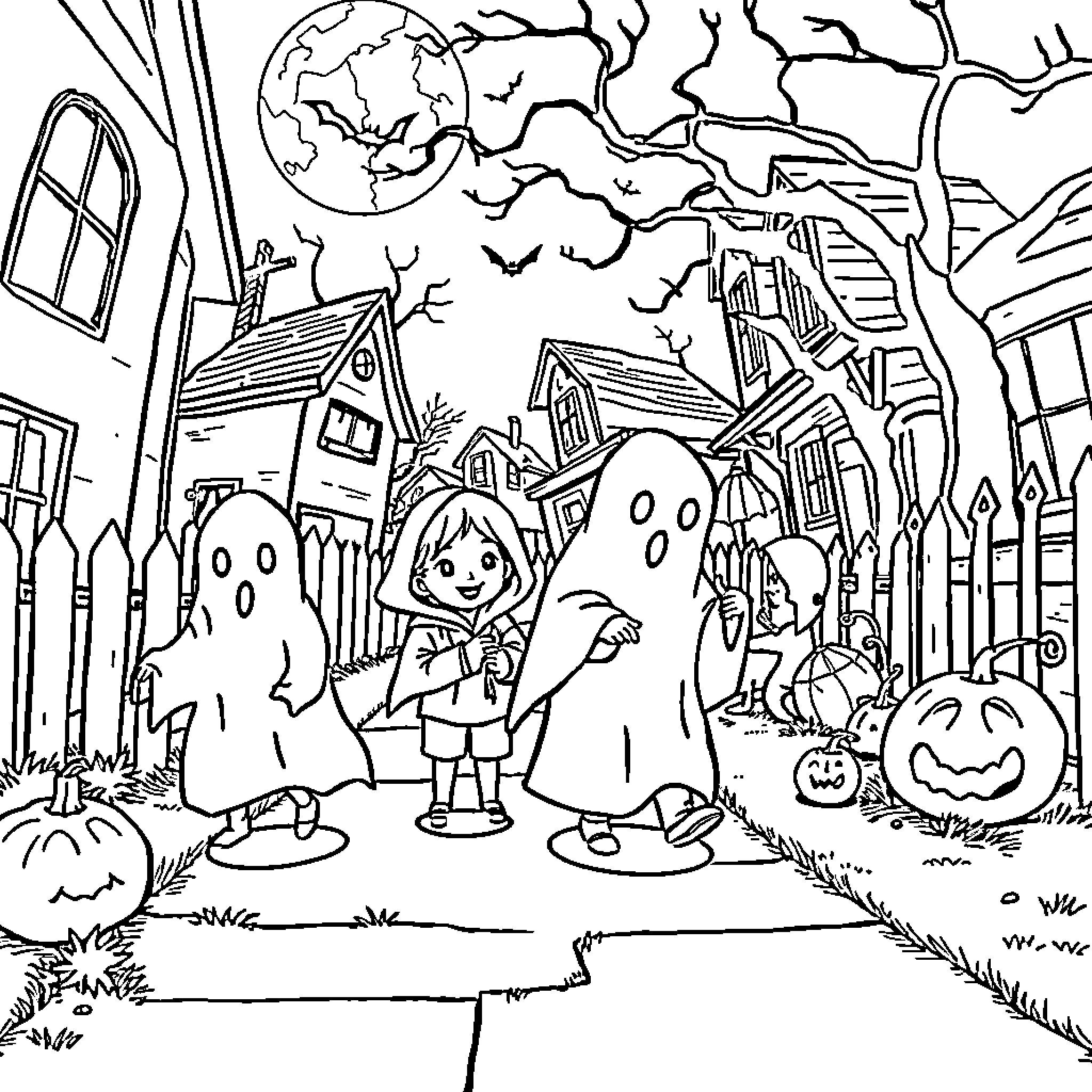Ghost Trick-or-Treaters in Spooky Halloween Village Coloring Page (free black-and-white line drawing printable PDF for all, from beginners to advanced learners, including children, teens, adults, and seniors)