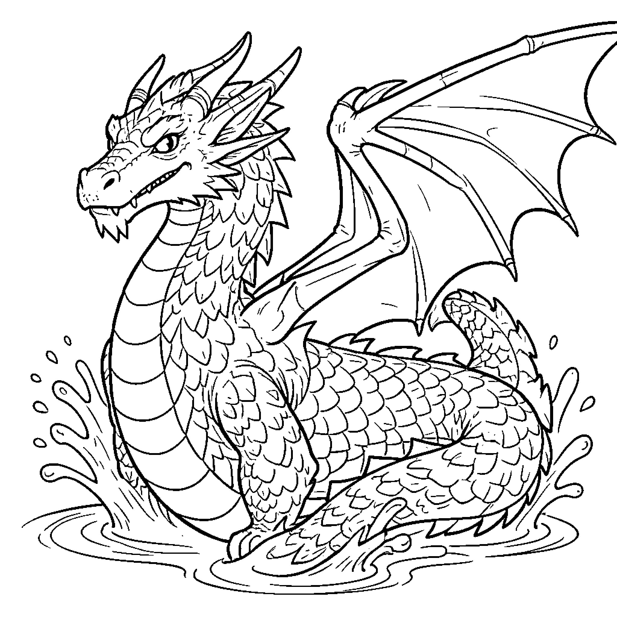 Dracofeau dragon emerging from splashing water Coloring Page (free black-and-white line drawing printable PDF for all, from beginners to advanced learners, including children, teens, adults, and seniors)