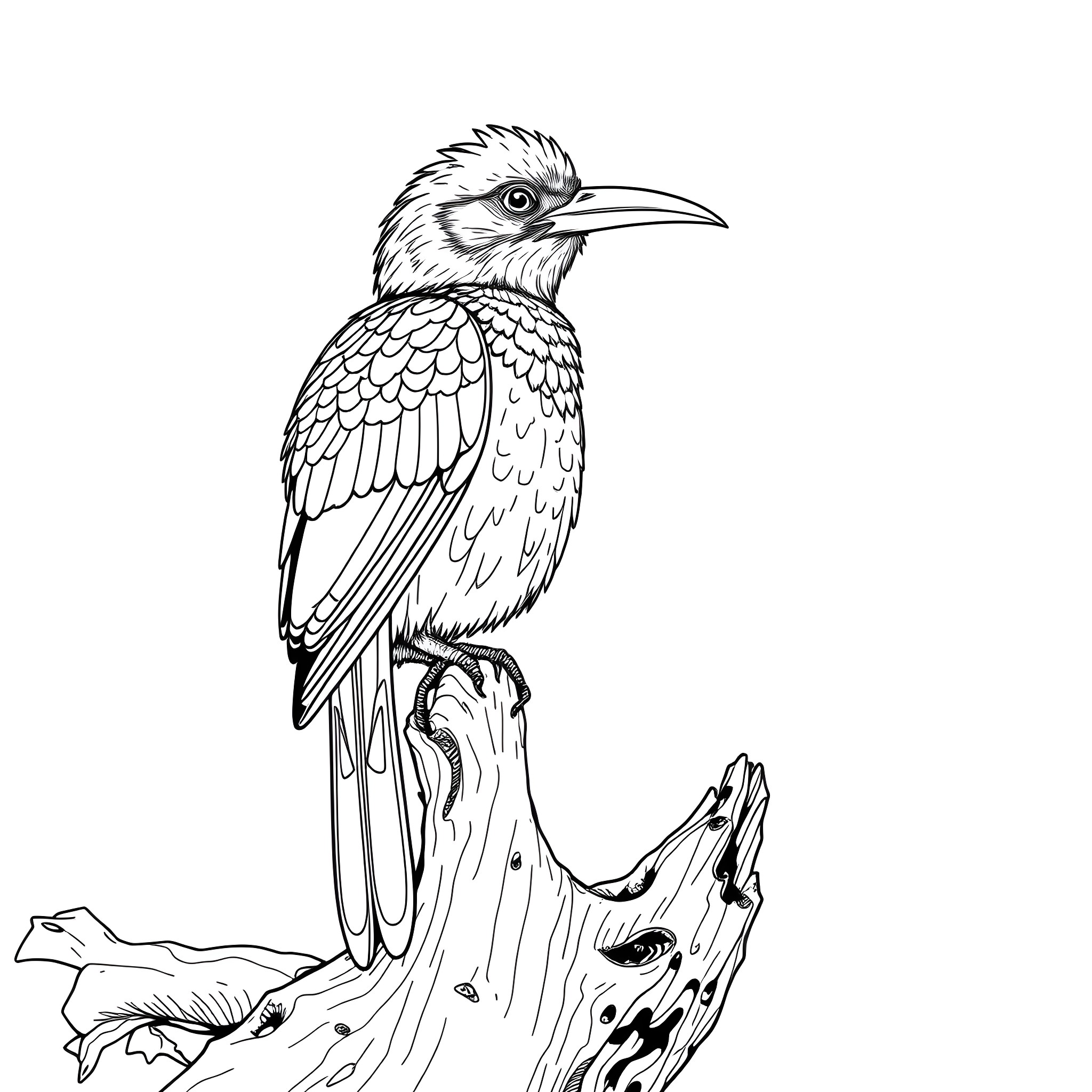 Bird perched on a branch in black and white Coloring Page (free black-and-white line drawing printable PDF for all, from beginners to advanced learners, including children, teens, adults, and seniors)
