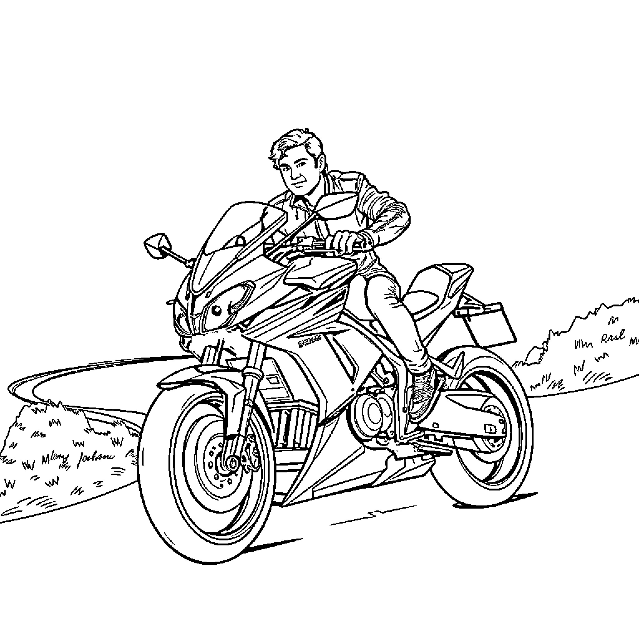 Man riding motorcycle on winding road Coloring Page (free black-and-white line drawing printable PDF for all, from beginners to advanced learners, including children, teens, adults, and seniors)