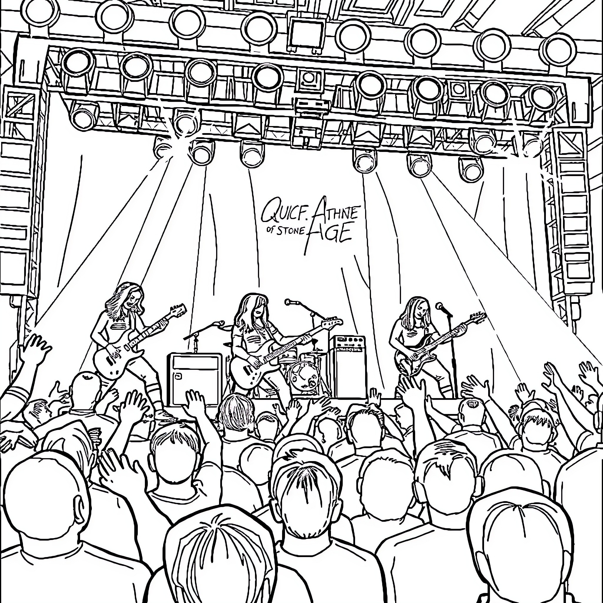 Queen of the Stone Age: Band Performing on Stage with Crowd Coloring Page (free black-and-white line drawing printable PDF for all, from beginners to advanced learners, including children, teens, adults, and seniors)