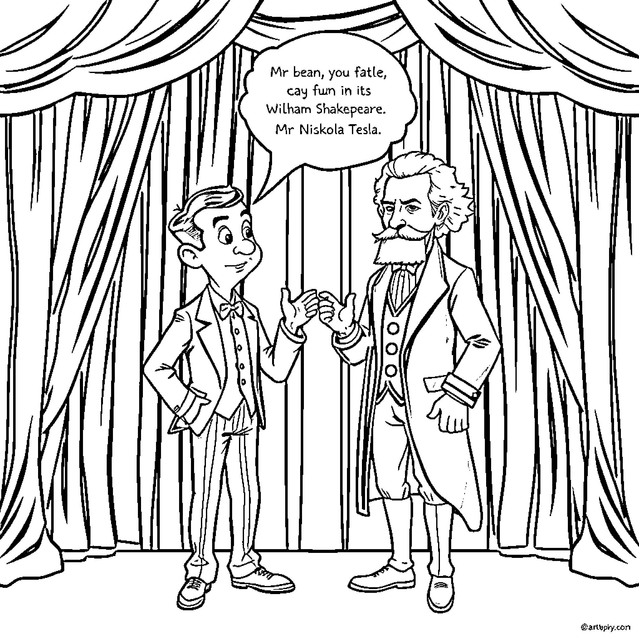 Mr Bean's Theatrical Encounter with Literary Figures Coloring Page (free black-and-white line drawing printable PDF for all, from beginners to advanced learners, including children, teens, adults, and seniors)