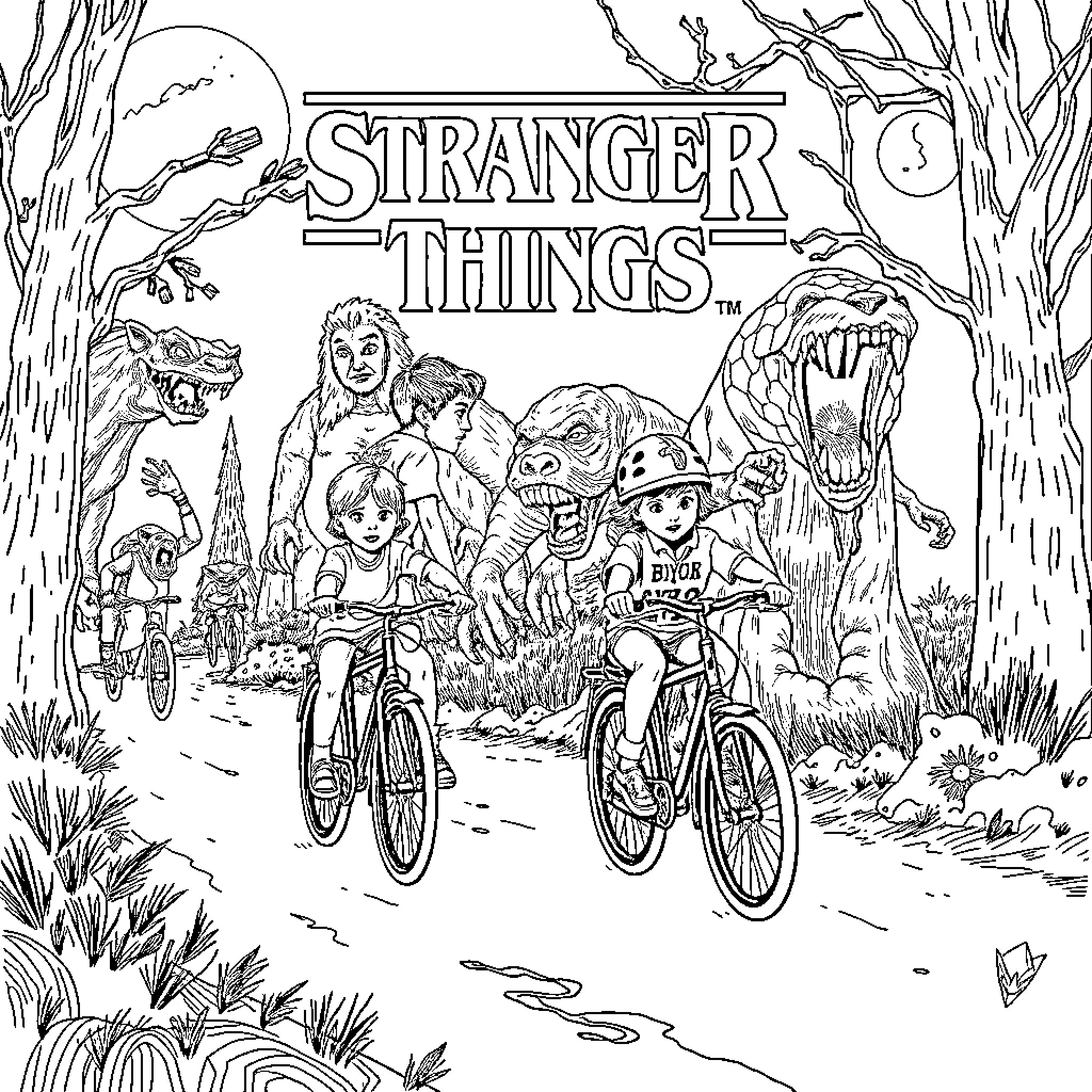 Stranger Things Characters Riding Bicycles in Enchanted Forest Coloring Page (free black-and-white line drawing printable PDF for all, from beginners to advanced learners, including children, teens, adults, and seniors)