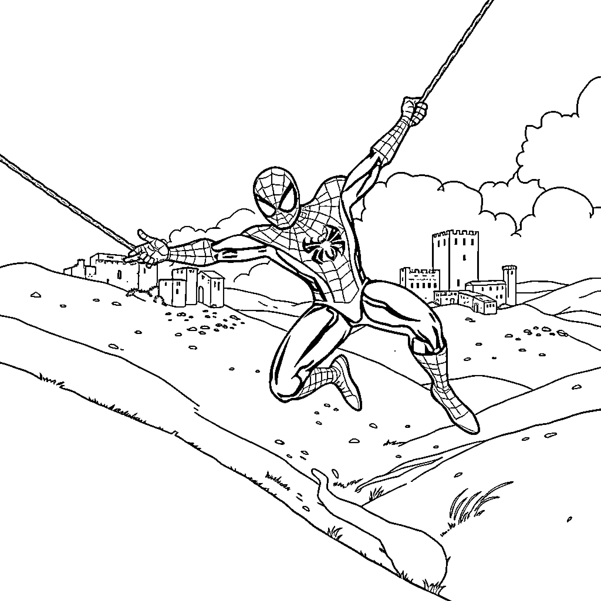 Spiderman swinging through the city with agility Coloring Page (free black-and-white line drawing printable PDF for all, from beginners to advanced learners, including children, teens, adults, and seniors)