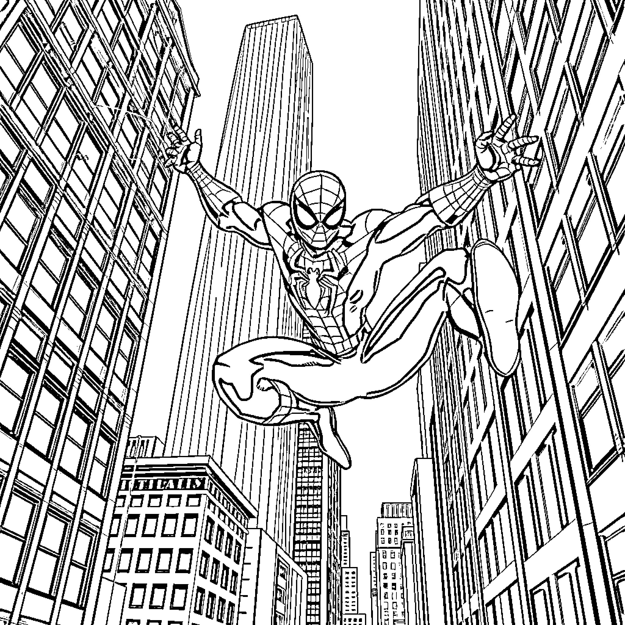 Spiderman swinging through the city skyline Coloring Page (free black-and-white line drawing printable PDF for all, from beginners to advanced learners, including children, teens, adults, and seniors)