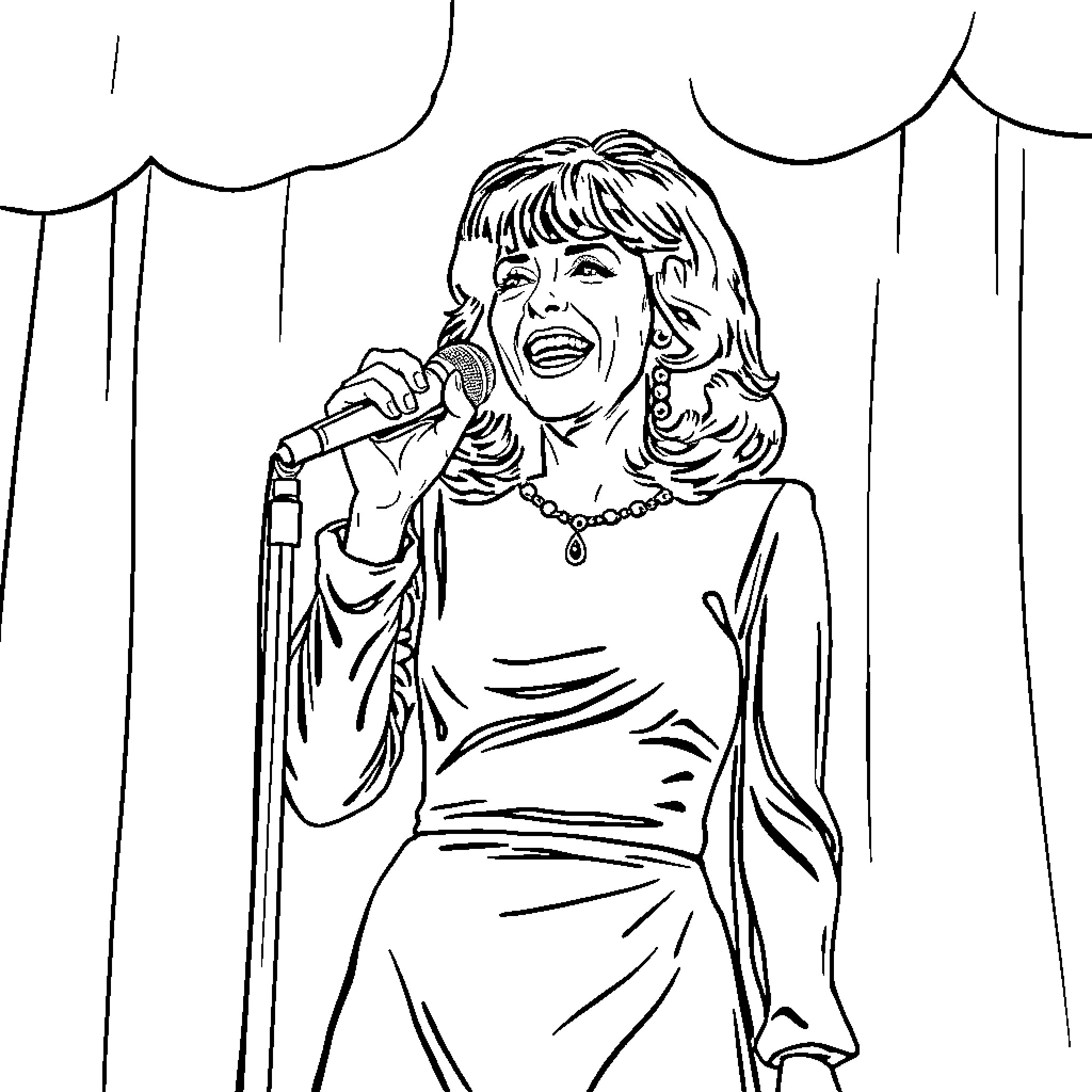 Karen Carpenter singing passionately on stage Coloring Page (free black-and-white line drawing printable PDF for all, from beginners to advanced learners, including children, teens, adults, and seniors)