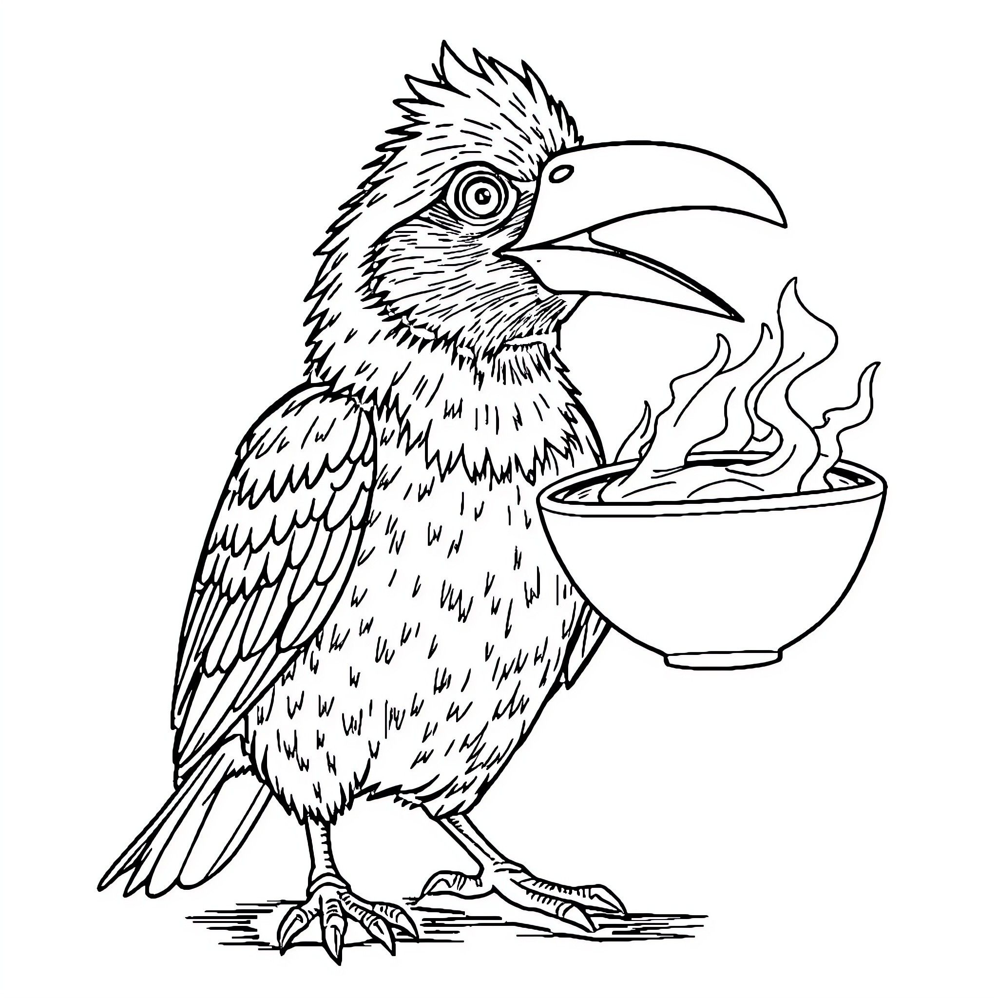Bird cooking delicious meal in a bowl Coloring Page (free black-and-white line drawing printable PDF for all, from beginners to advanced learners, including children, teens, adults, and seniors)