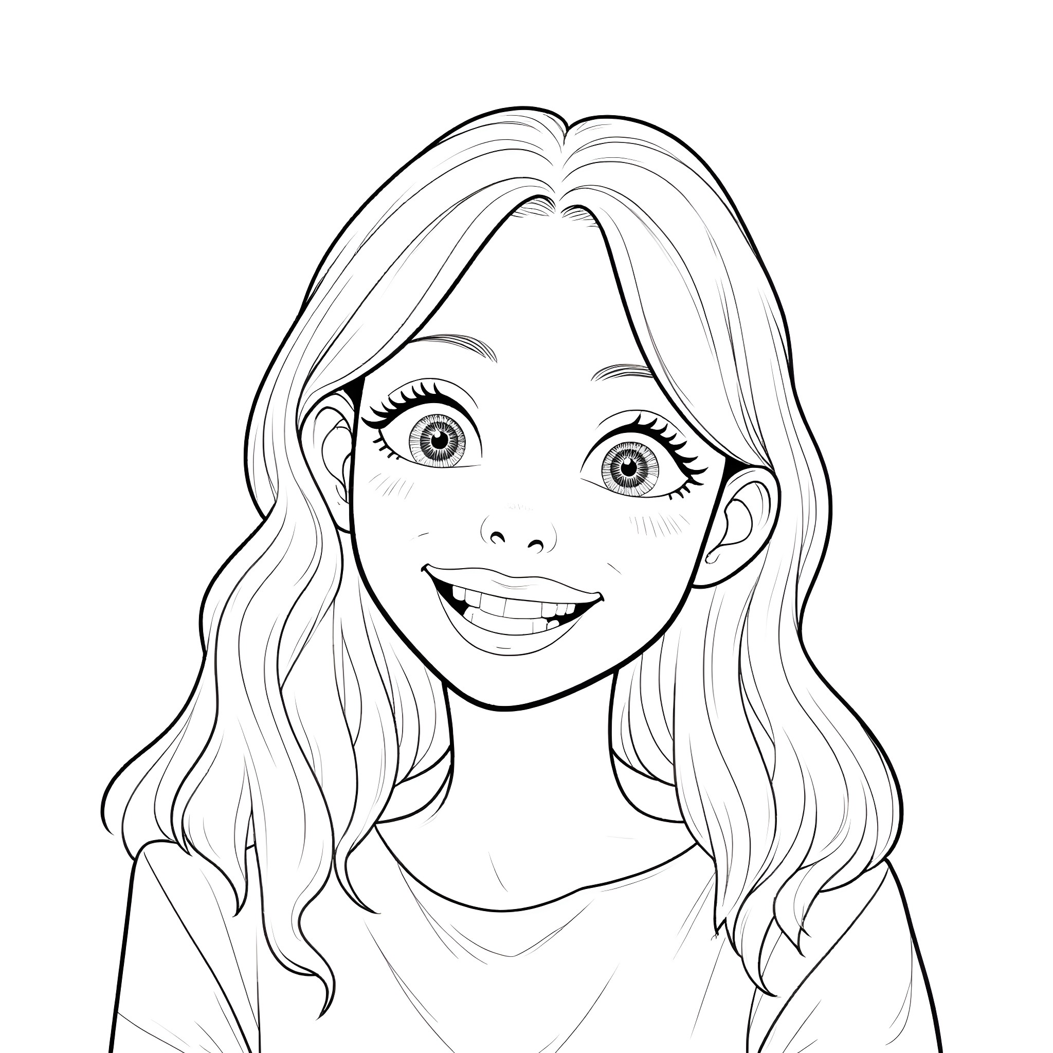 Girl with a Cheerful Expression Coloring Page (free black-and-white line drawing printable PDF for all, from beginners to advanced learners, including children, teens, adults, and seniors)