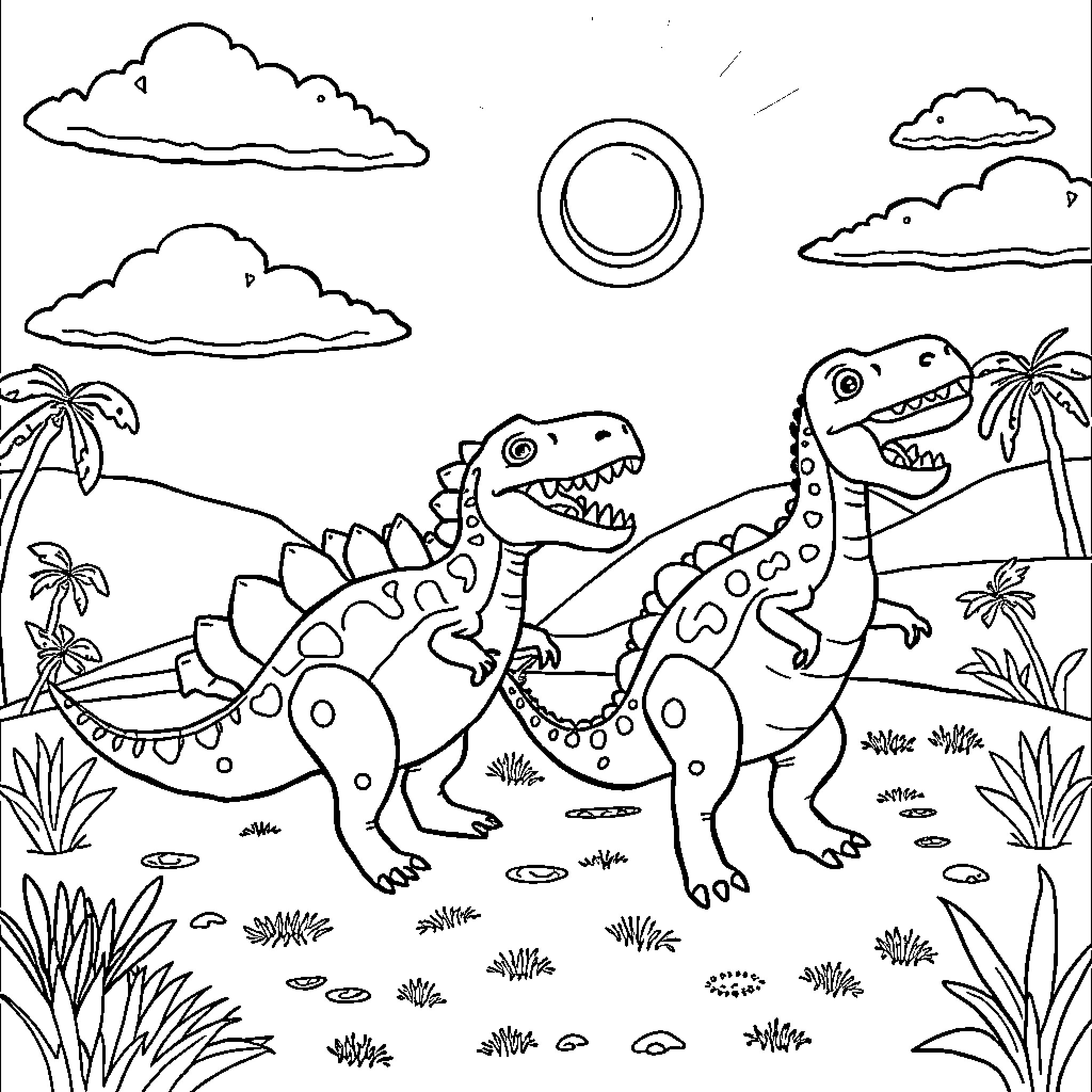 Dinosaurs Exploring the Tropical Landscape Coloring Page (free black-and-white line drawing printable PDF for all, from beginners to advanced learners, including children, teens, adults, and seniors)