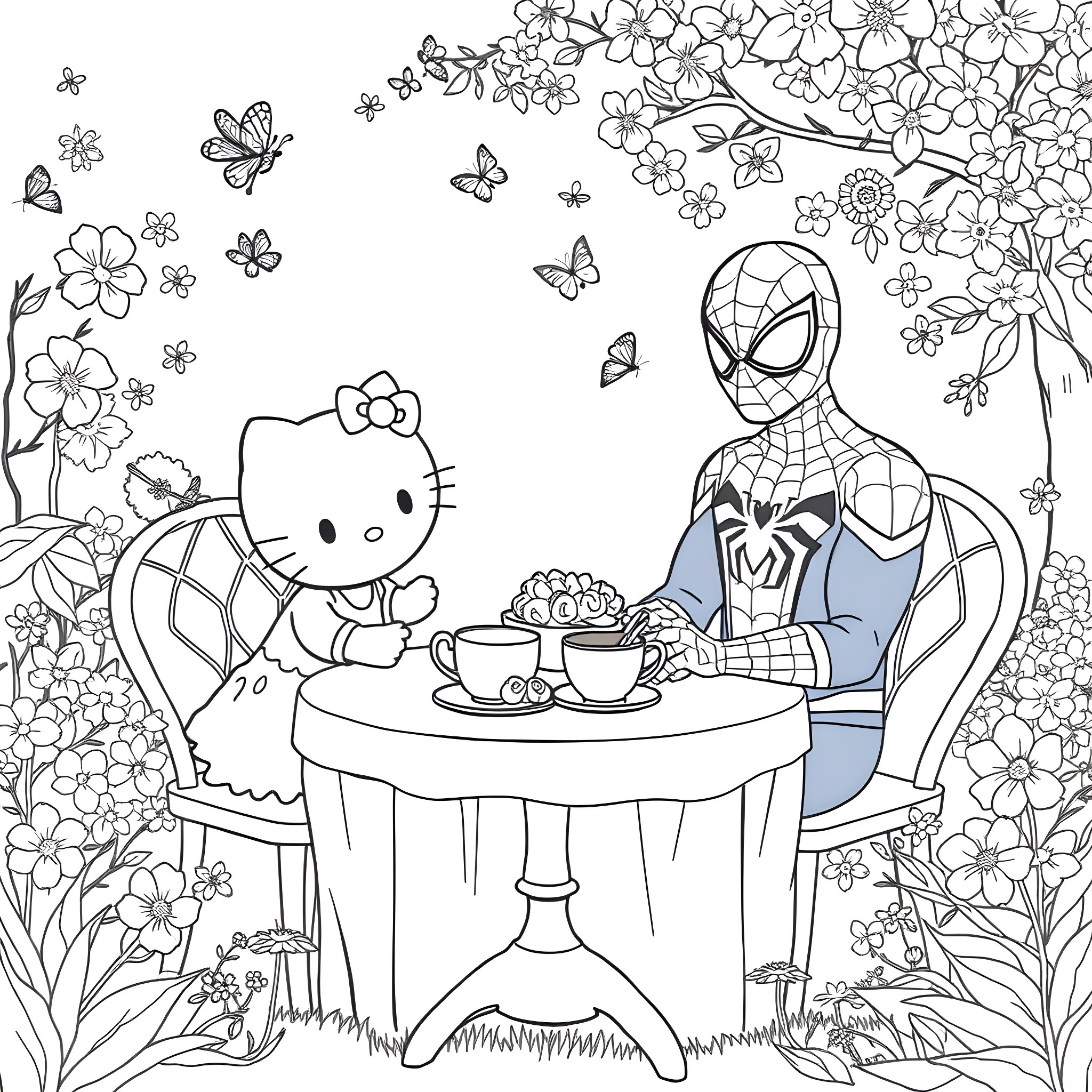 Spider-Man having tea with Hello Kitty in a floral garden Coloring Page (free black-and-white line drawing printable PDF for all, from beginners to advanced learners, including children, teens, adults, and seniors)
