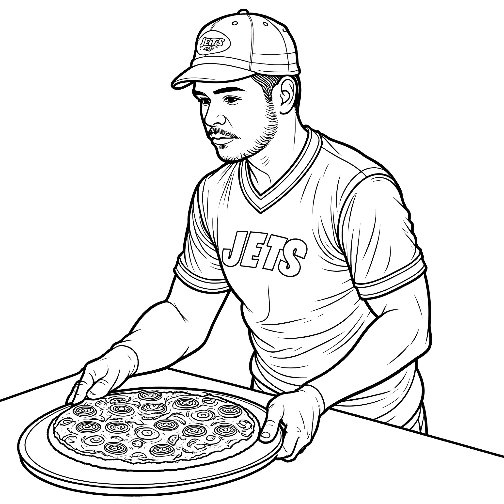 New York Jet player serving a fresh pizza Coloring Page (free black-and-white line drawing printable PDF for all, from beginners to advanced learners, including children, teens, adults, and seniors)