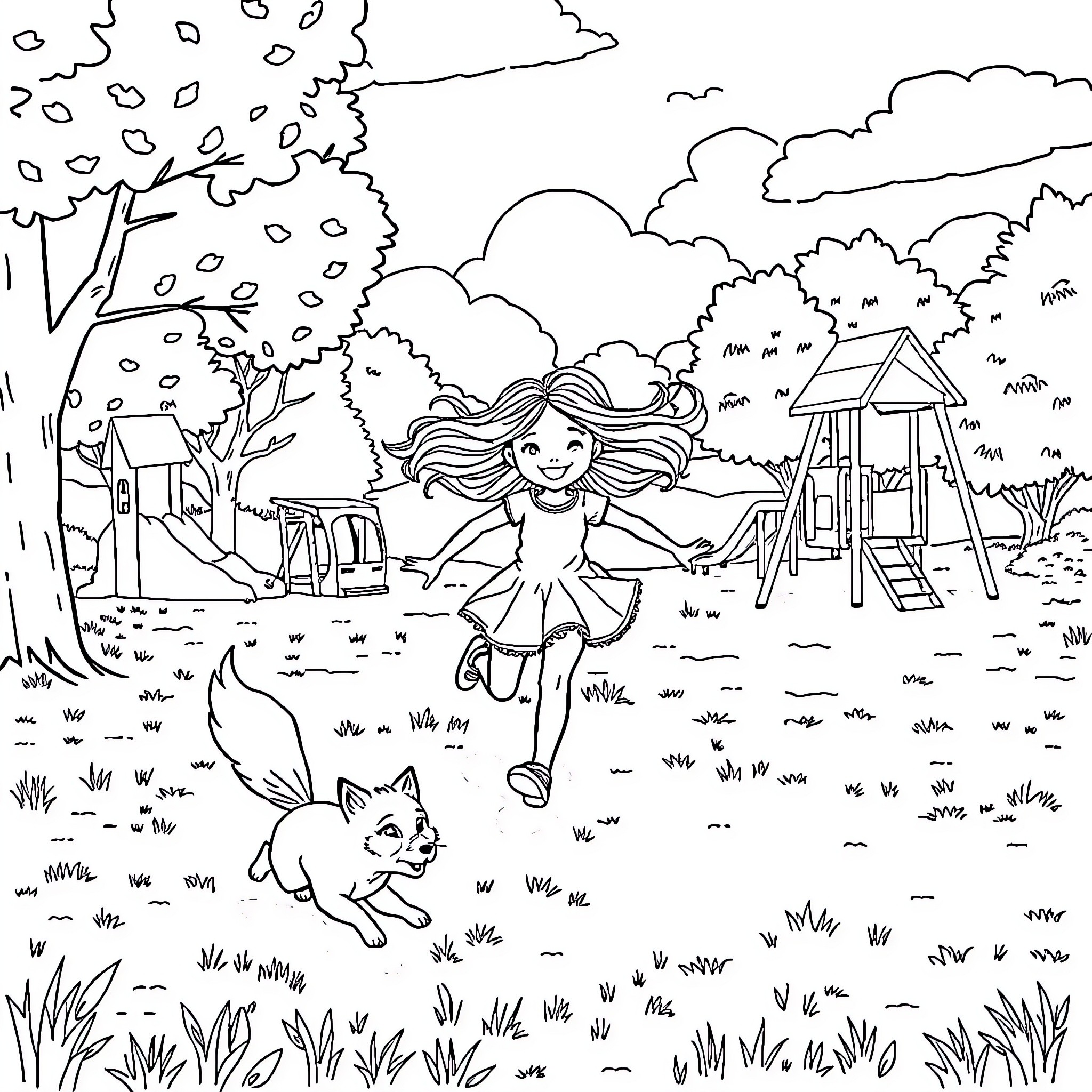 Girl running joyfully with a puppy in the park Coloring Page (free black-and-white line drawing printable PDF for all, from beginners to advanced learners, including children, teens, adults, and seniors)