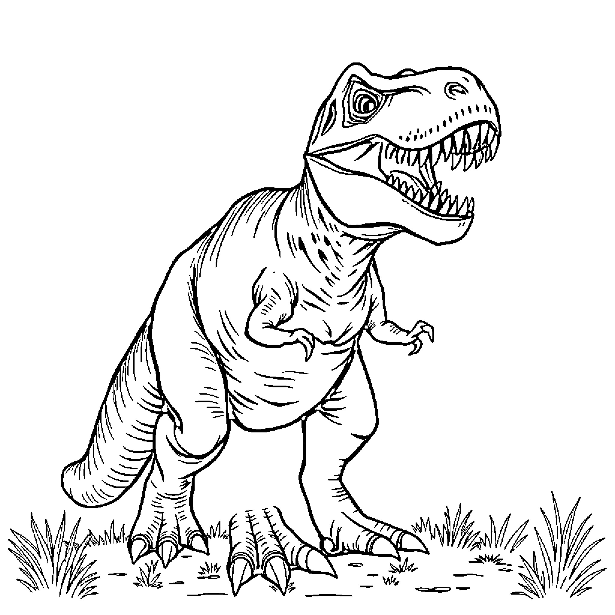 T-Rex roaring in the wilderness Coloring Page (free black-and-white line drawing printable PDF for all, from beginners to advanced learners, including children, teens, adults, and seniors)