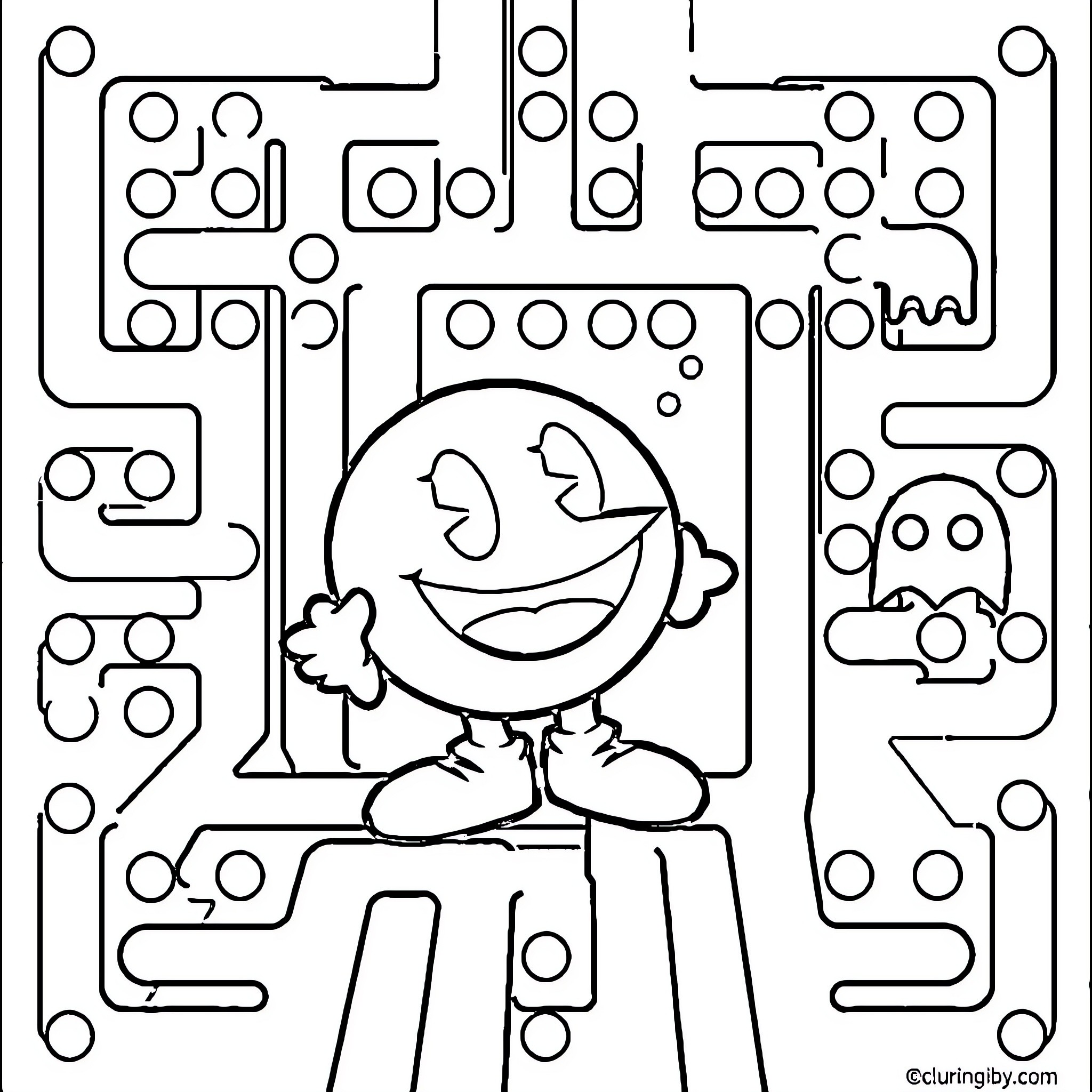Pacman exploring a maze-like circuit board Coloring Page (free black-and-white line drawing printable PDF for all, from beginners to advanced learners, including children, teens, adults, and seniors)