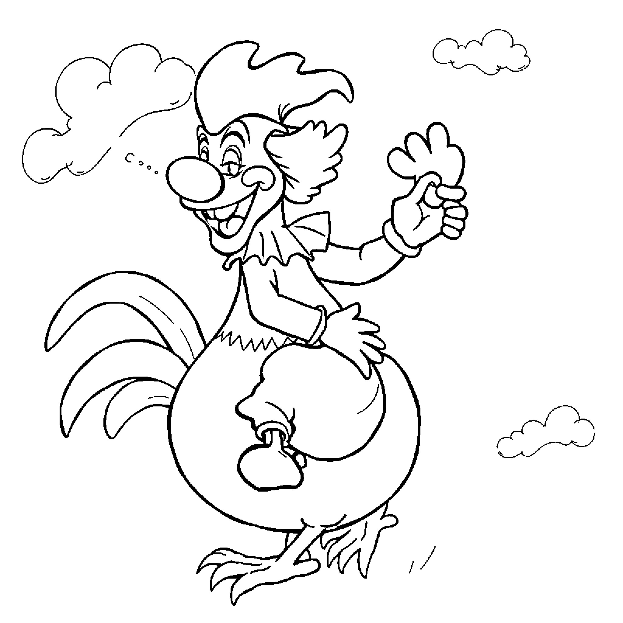 Clown Rooster Performing Jovial Antics Coloring Page (free black-and-white line drawing printable PDF for all, from beginners to advanced learners, including children, teens, adults, and seniors)