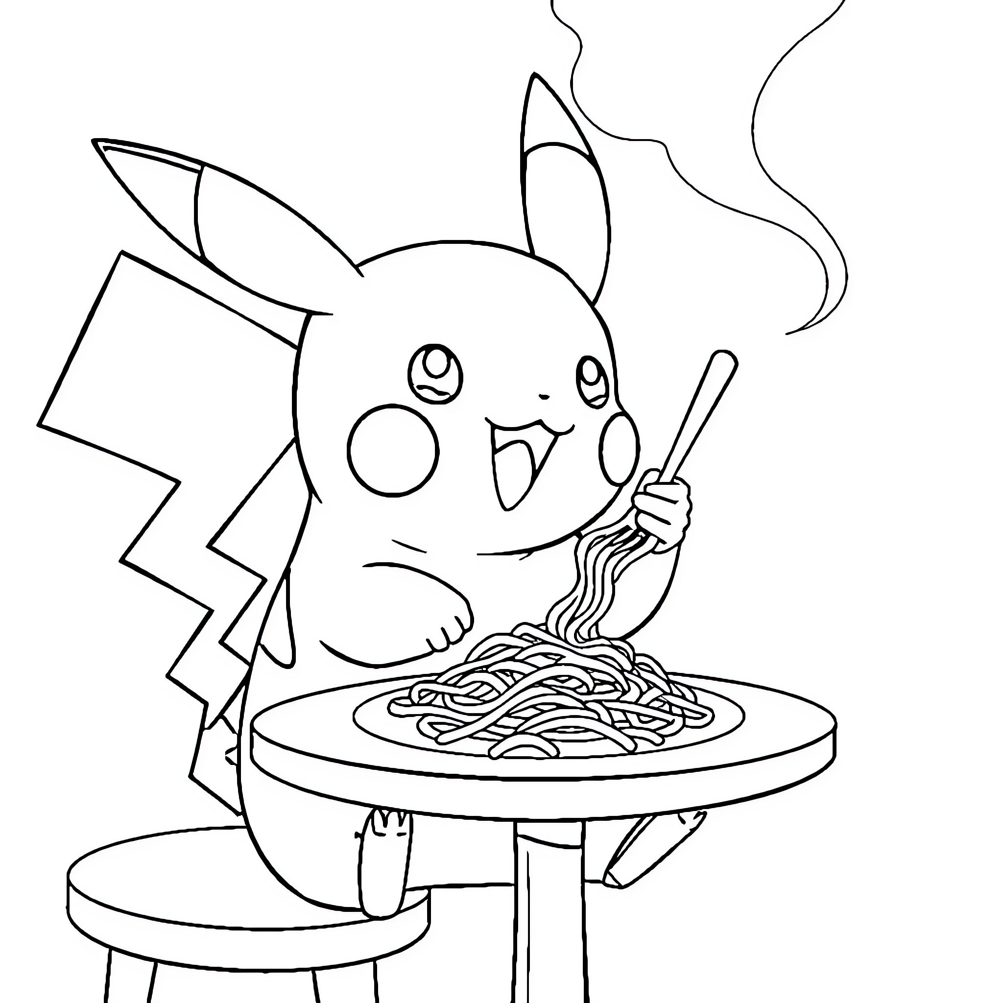 Pikachu enjoying a bowl of noodles Coloring Page (free black-and-white line drawing printable PDF for all, from beginners to advanced learners, including children, teens, adults, and seniors)