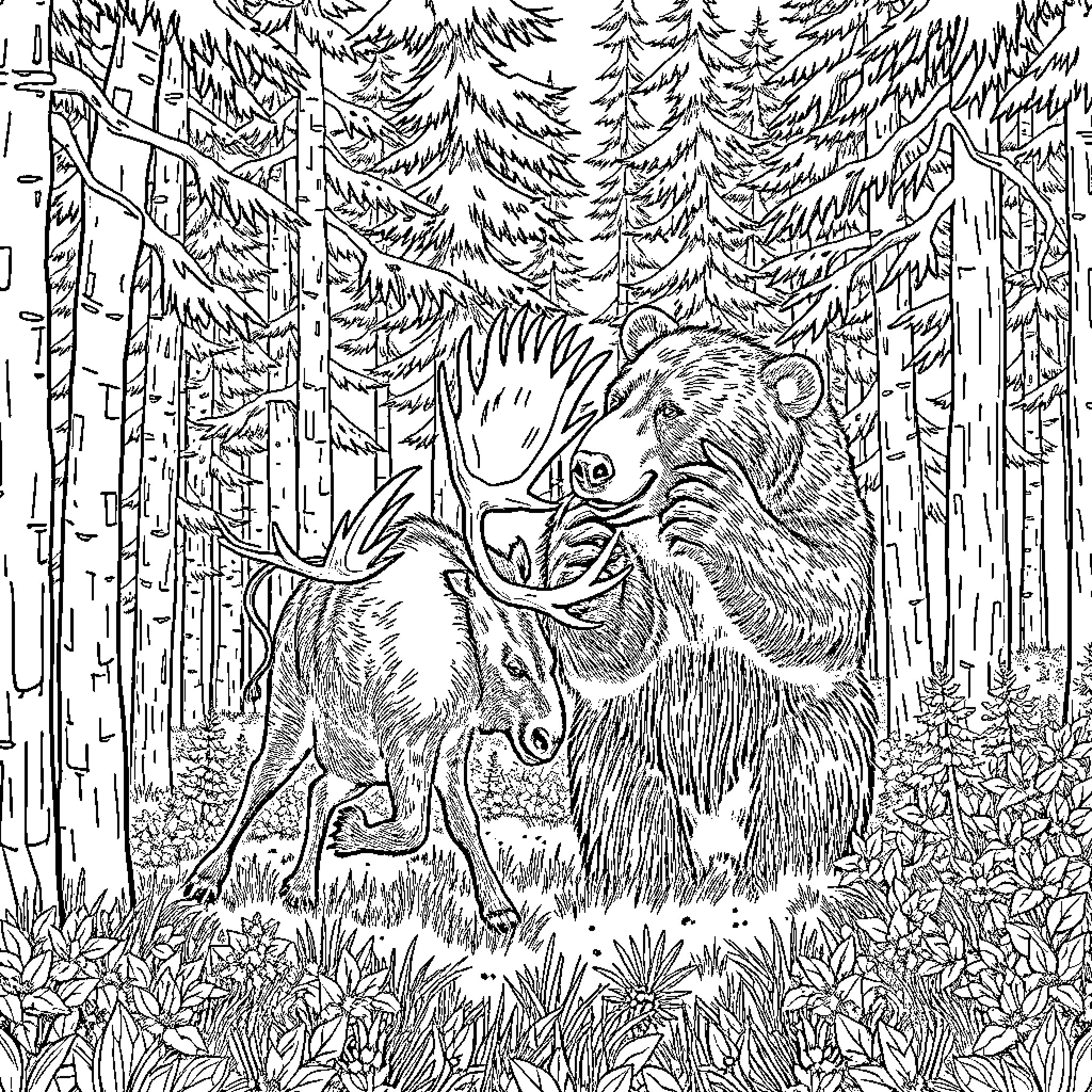 Bear and Deer in Enchanted Forest Coloring Page (free black-and-white line drawing printable PDF for all, from beginners to advanced learners, including children, teens, adults, and seniors)