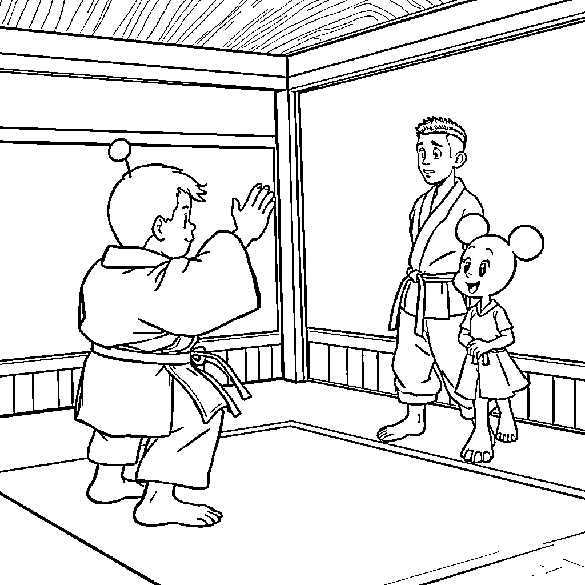 Sangoku training martial arts with a young companion Coloring Page (free black-and-white line drawing printable PDF for all, from beginners to advanced learners, including children, teens, adults, and seniors)
