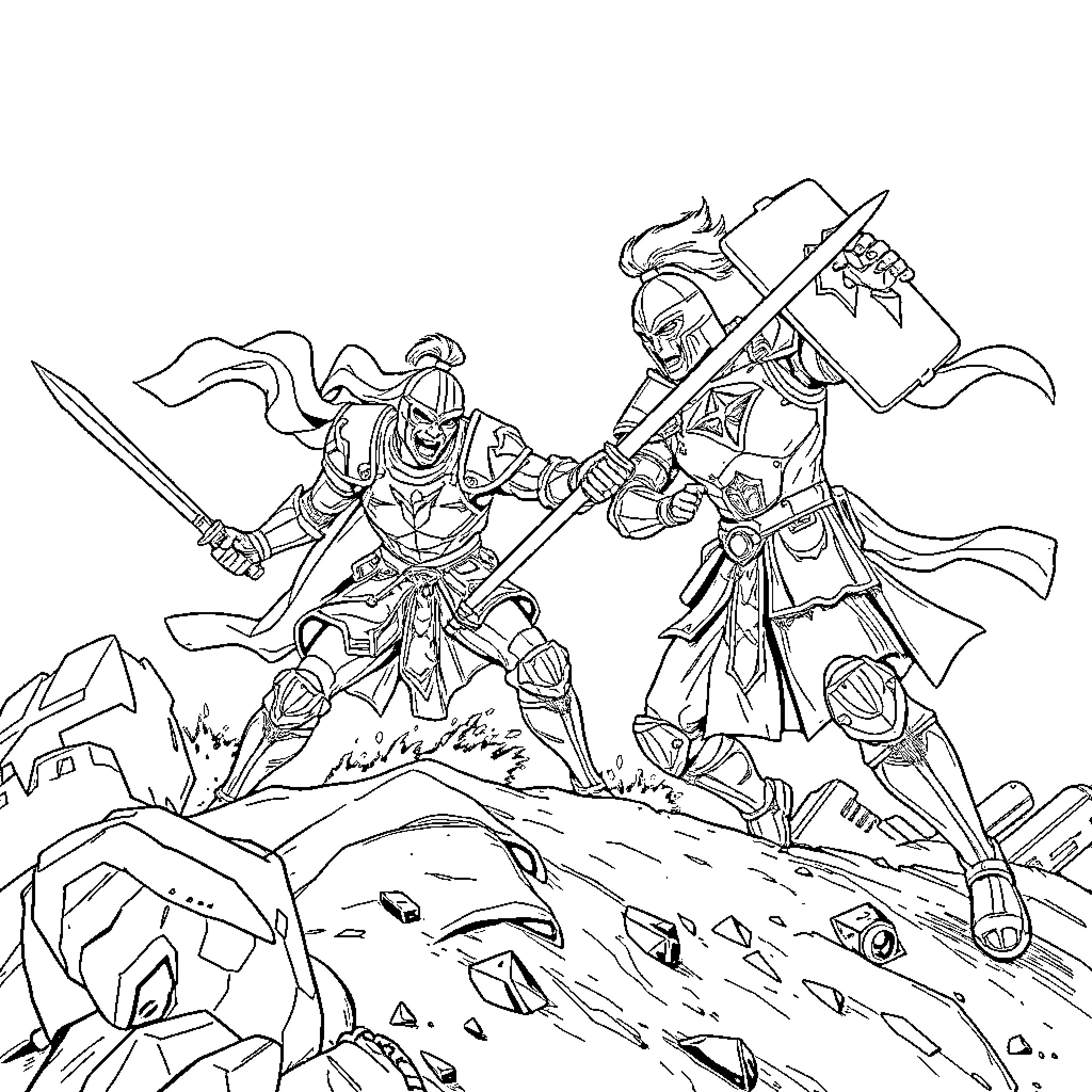 Hunter warriors engaged in fierce battle Coloring Page (free black-and-white line drawing printable PDF for all, from beginners to advanced learners, including children, teens, adults, and seniors)