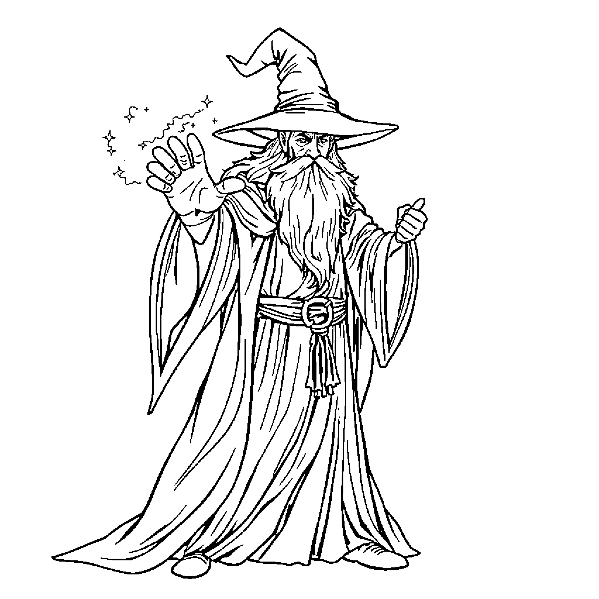 Wizard casting magical spell in robe and hat Coloring Page (free black-and-white line drawing printable PDF for all, from beginners to advanced learners, including children, teens, adults, and seniors)