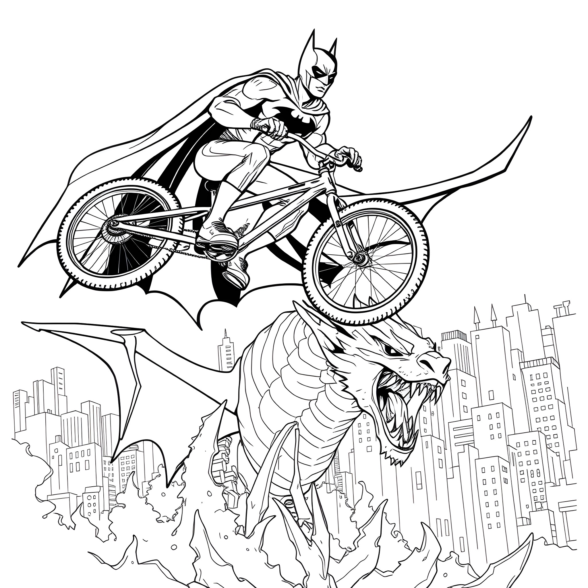 Batman riding a bicycle over a dragon in the city Coloring Page (free black-and-white line drawing printable PDF for all, from beginners to advanced learners, including children, teens, adults, and seniors)