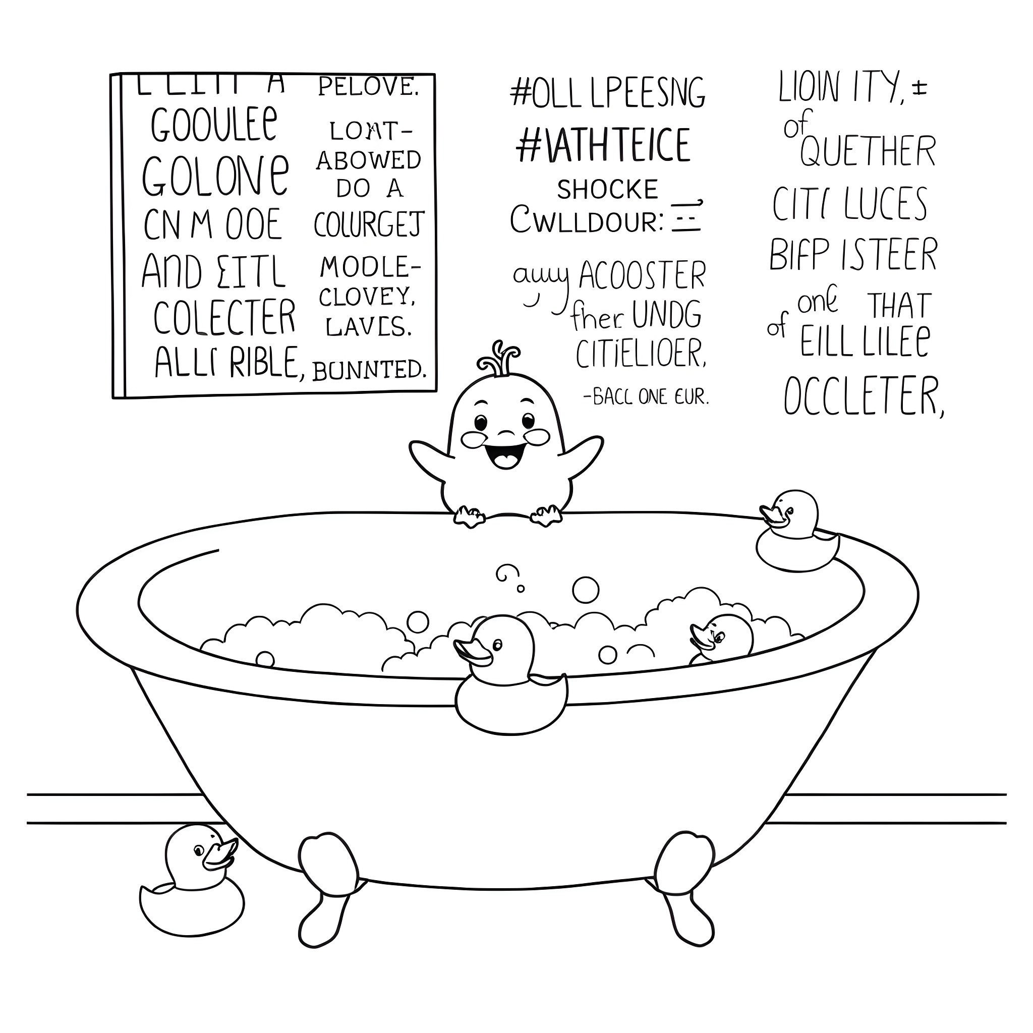 Toaster duckies playing happily in the bathtub Coloring Page (free black-and-white line drawing printable PDF for all, from beginners to advanced learners, including children, teens, adults, and seniors)