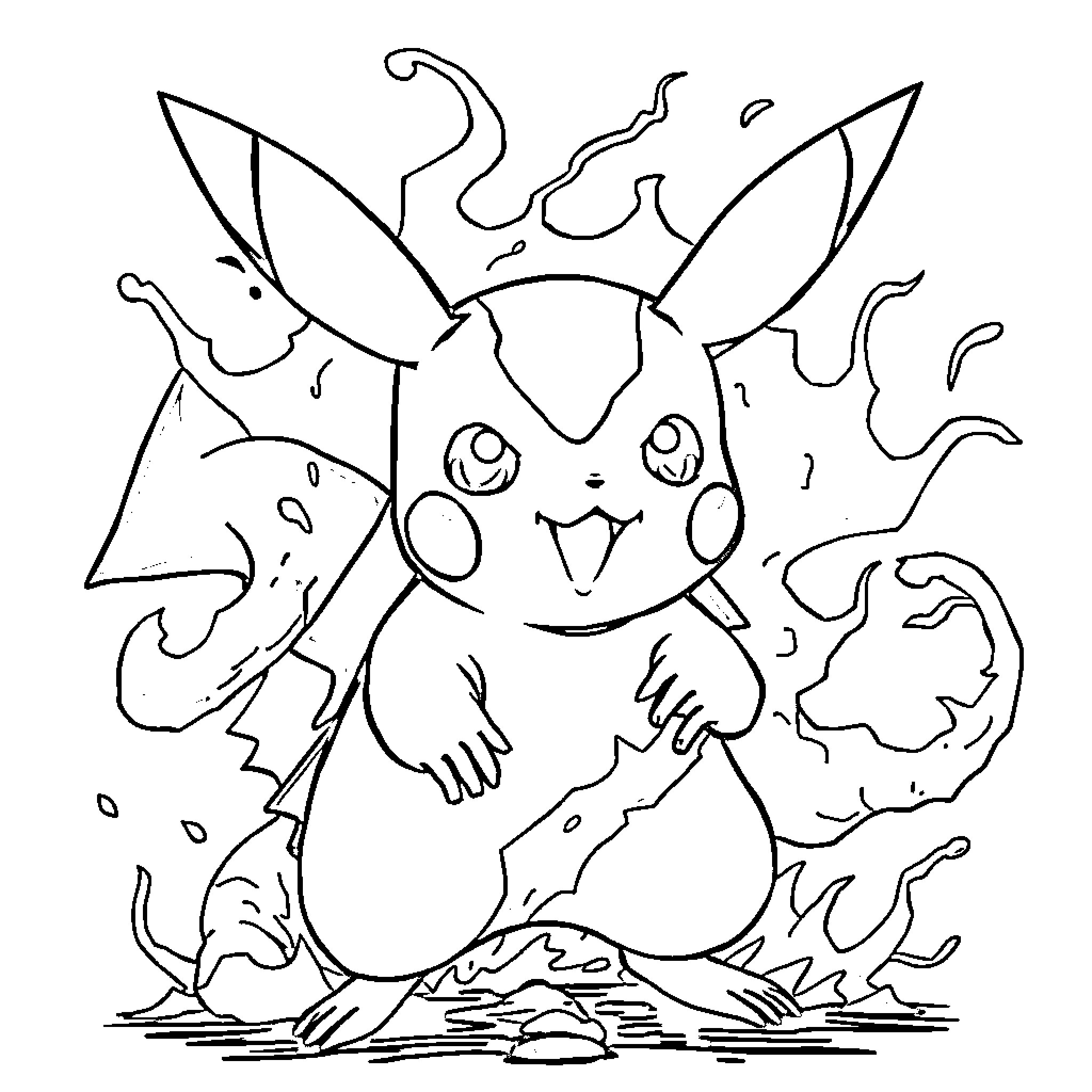 Pikachu playing energetically in the environment Coloring Page (free black-and-white line drawing printable PDF for all, from beginners to advanced learners, including children, teens, adults, and seniors)