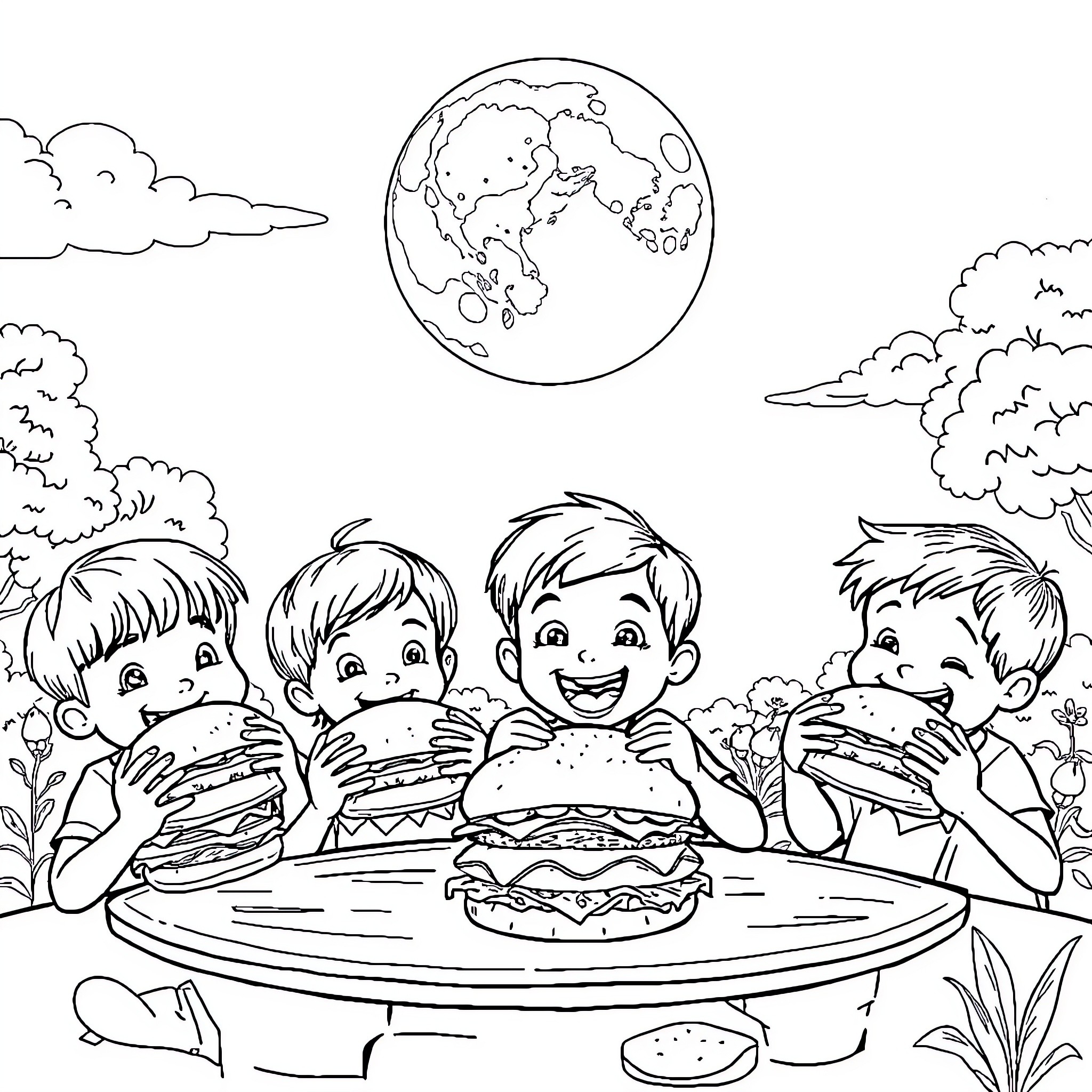 Kids enjoying a tasty outdoor picnic Coloring Page (free black-and-white line drawing printable PDF for all, from beginners to advanced learners, including children, teens, adults, and seniors)