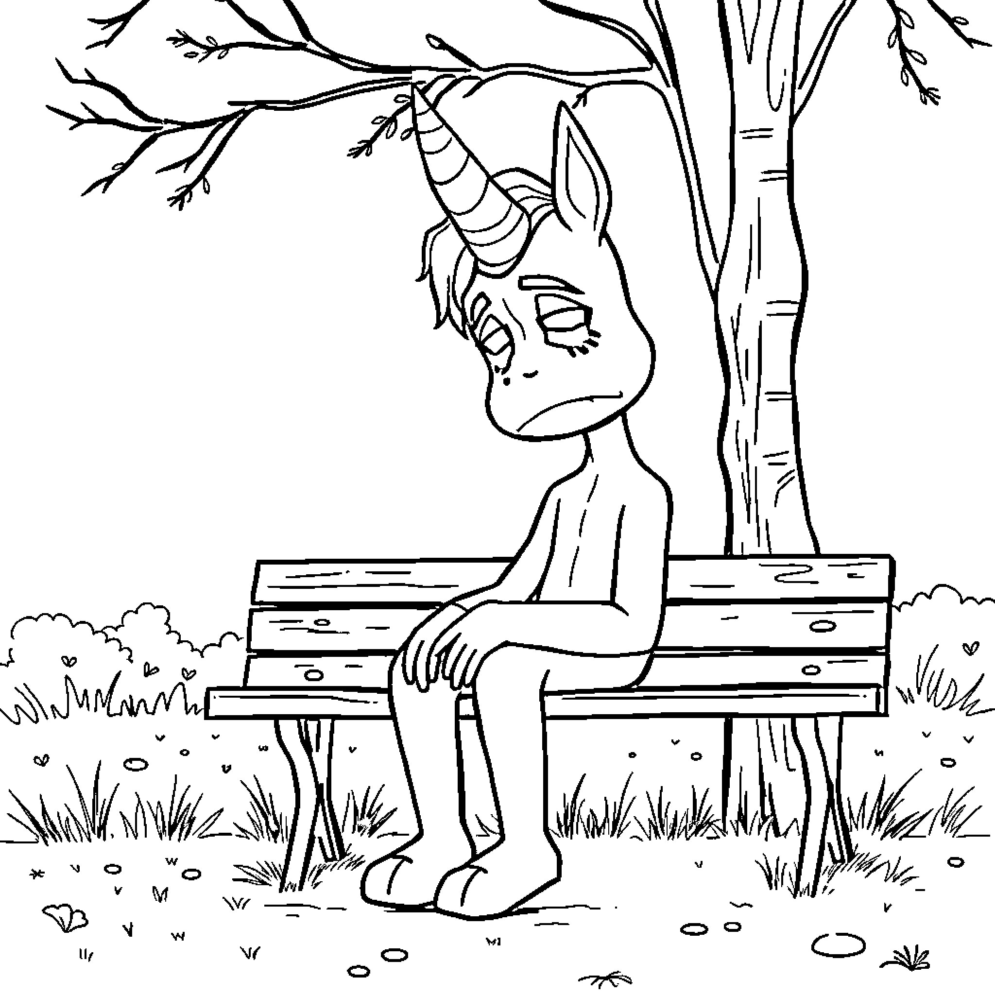 Clown sitting solemnly on a park bench Coloring Page (free black-and-white line drawing printable PDF for all, from beginners to advanced learners, including children, teens, adults, and seniors)