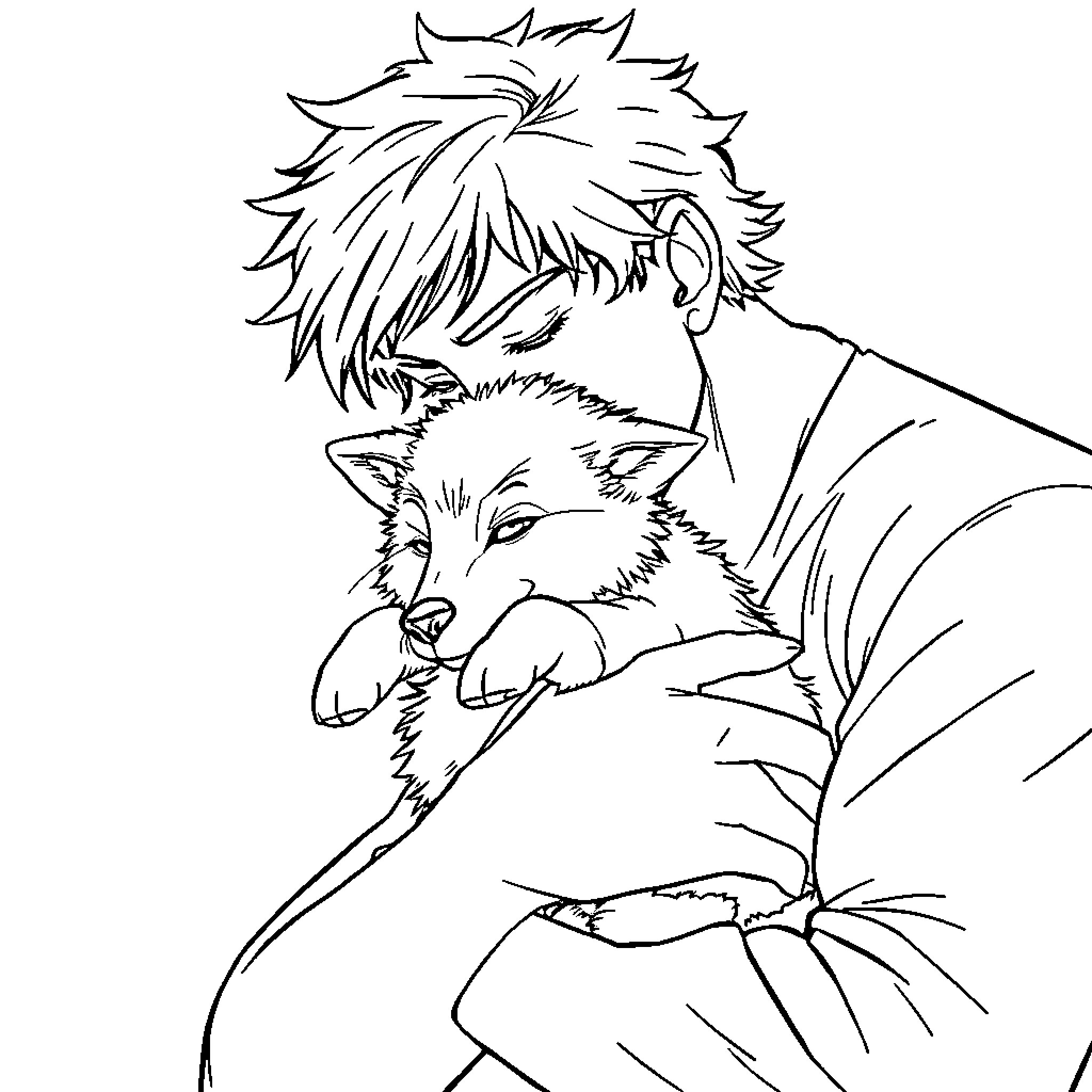 Black Noir and Furry Companion in Embrace Coloring Page (free black-and-white line drawing printable PDF for all, from beginners to advanced learners, including children, teens, adults, and seniors)