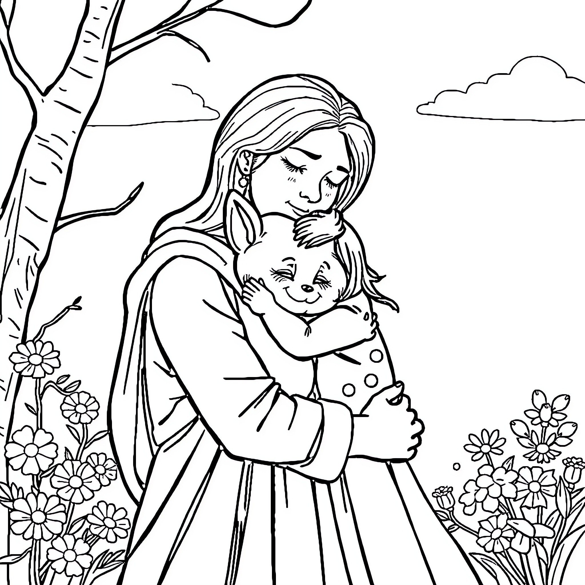 Girl embracing a child in a flowery meadow Coloring Page (free black-and-white line drawing printable PDF for all, from beginners to advanced learners, including children, teens, adults, and seniors)