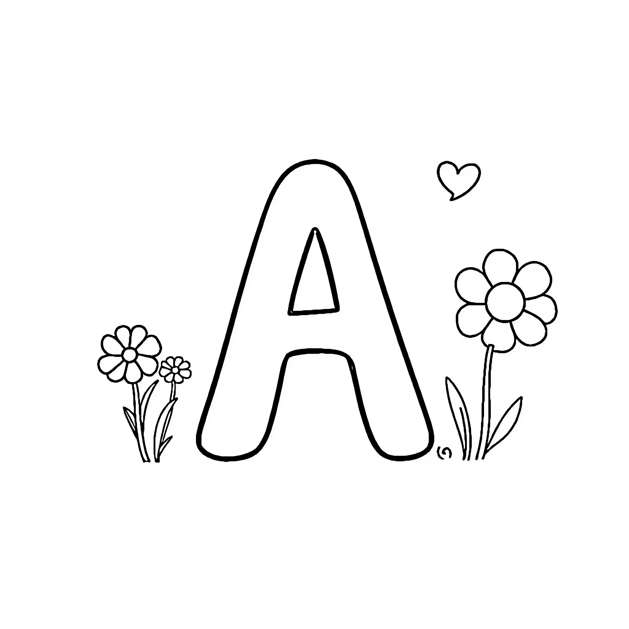 A Playful Letter A with Flowers Coloring Page (free black-and-white line drawing printable PDF for all, from beginners to advanced learners, including children, teens, adults, and seniors)