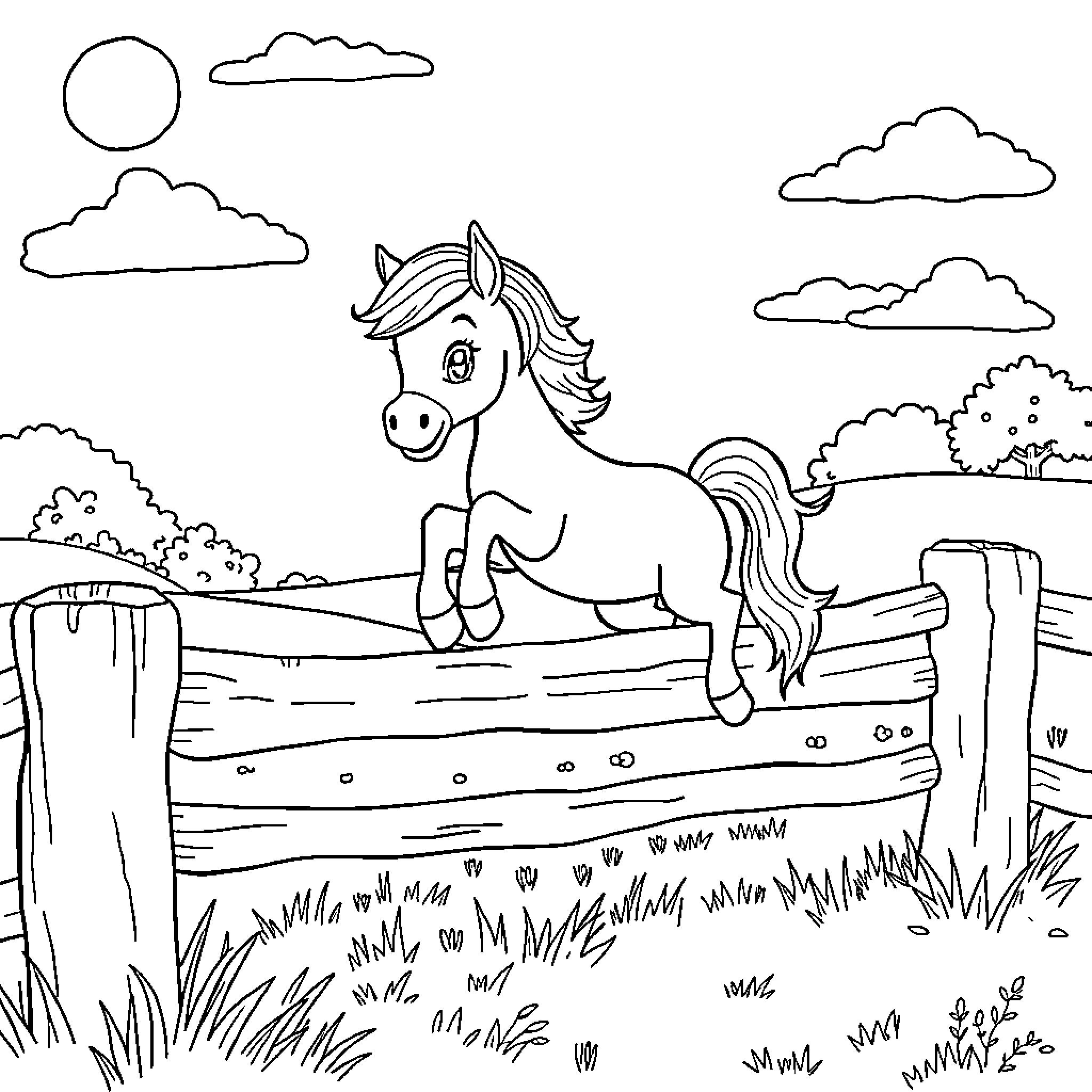 Pony enjoying the countryside scenery Coloring Page (free black-and-white line drawing printable PDF for all, from beginners to advanced learners, including children, teens, adults, and seniors)