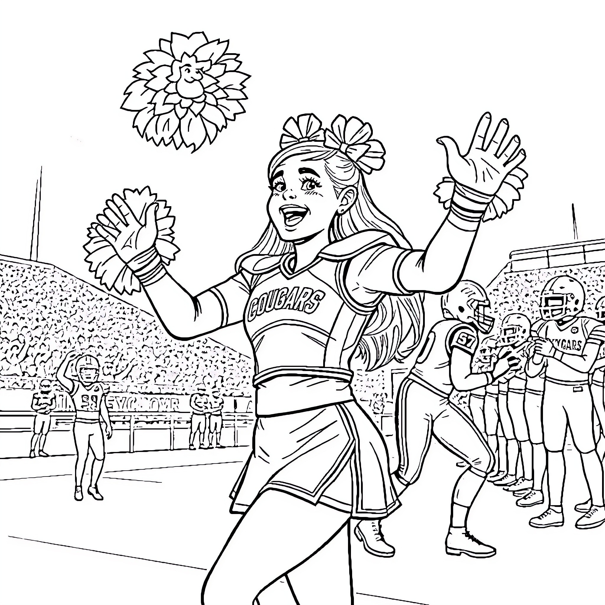 Cougar cheerleader celebrating energetically at a game Coloring Page (free black-and-white line drawing printable PDF for all, from beginners to advanced learners, including children, teens, adults, and seniors)