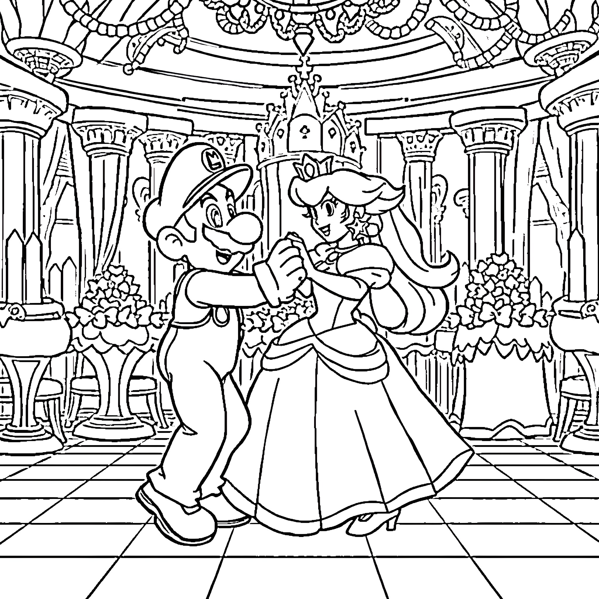 Mario dancing with Princess in royal castle Coloring Page (free black-and-white line drawing printable PDF for all, from beginners to advanced learners, including children, teens, adults, and seniors)