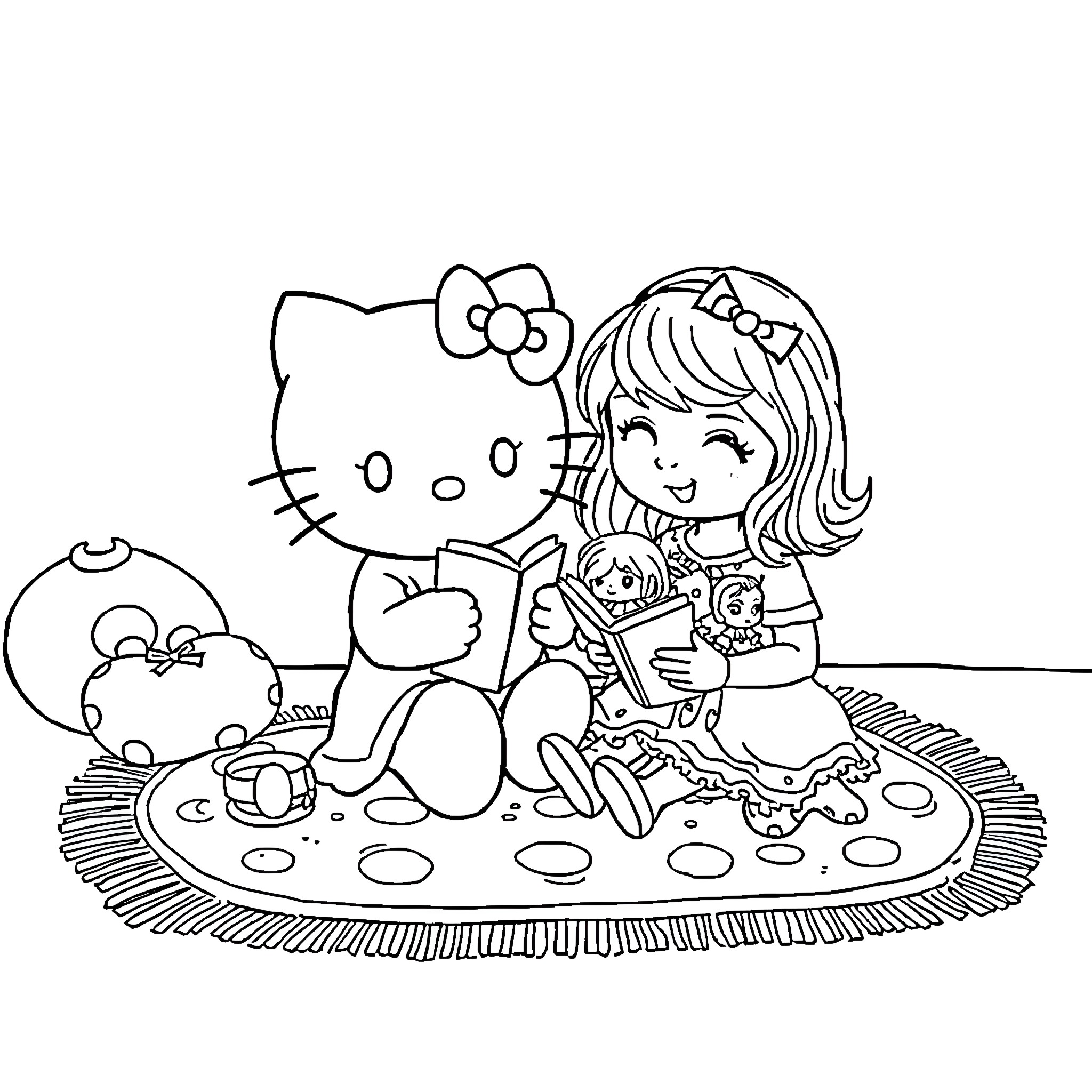 Hello Kitty and Girl Reading Books Together Coloring Page (free black-and-white line drawing printable PDF for all, from beginners to advanced learners, including children, teens, adults, and seniors)