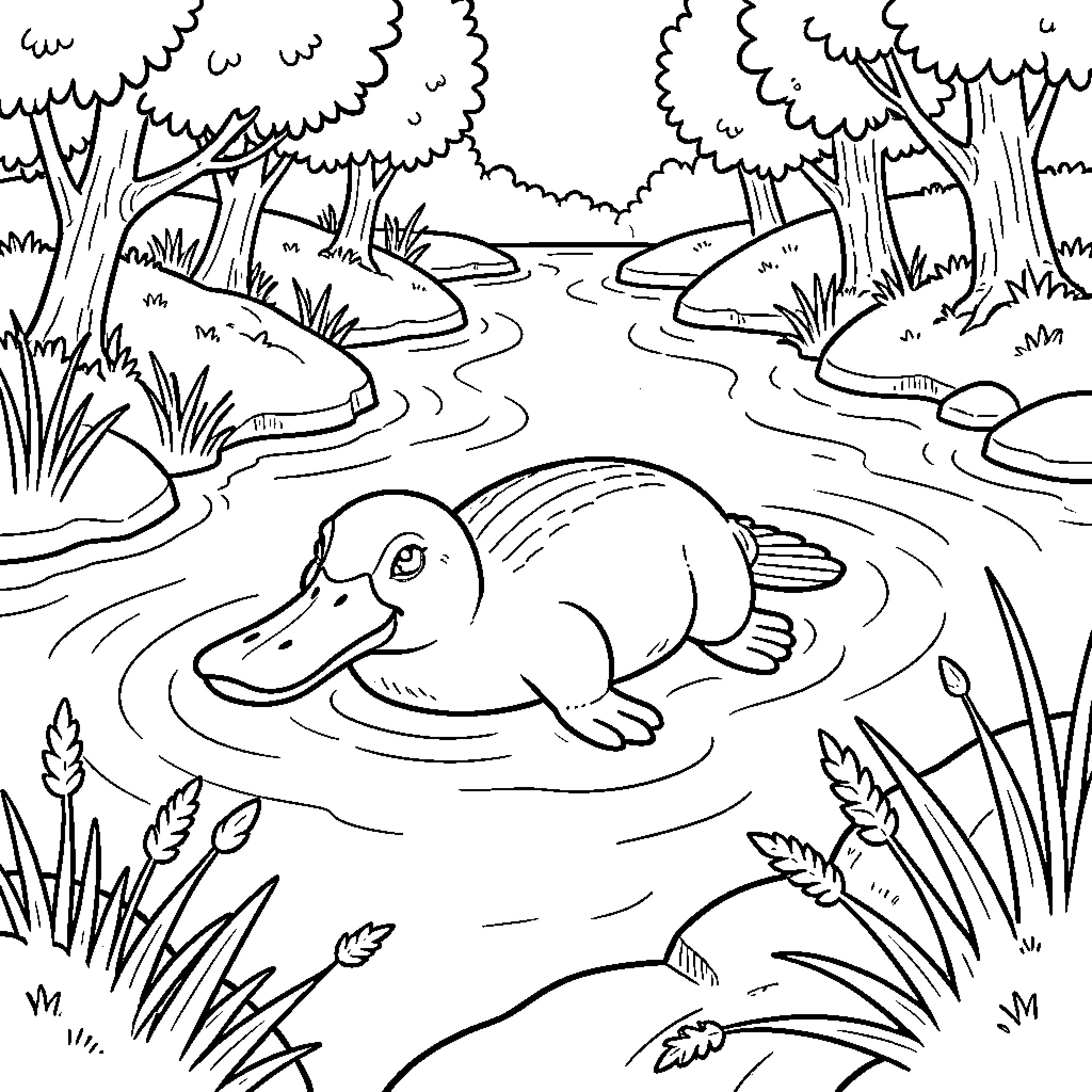 Platypus swimming peacefully in a forest stream Coloring Page (free black-and-white line drawing printable PDF for all, from beginners to advanced learners, including children, teens, adults, and seniors)