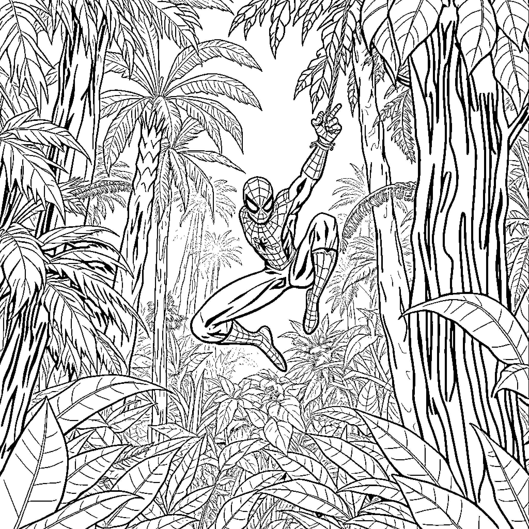 Spiderman swinging through a lush jungle landscape Coloring Page (free black-and-white line drawing printable PDF for all, from beginners to advanced learners, including children, teens, adults, and seniors)
