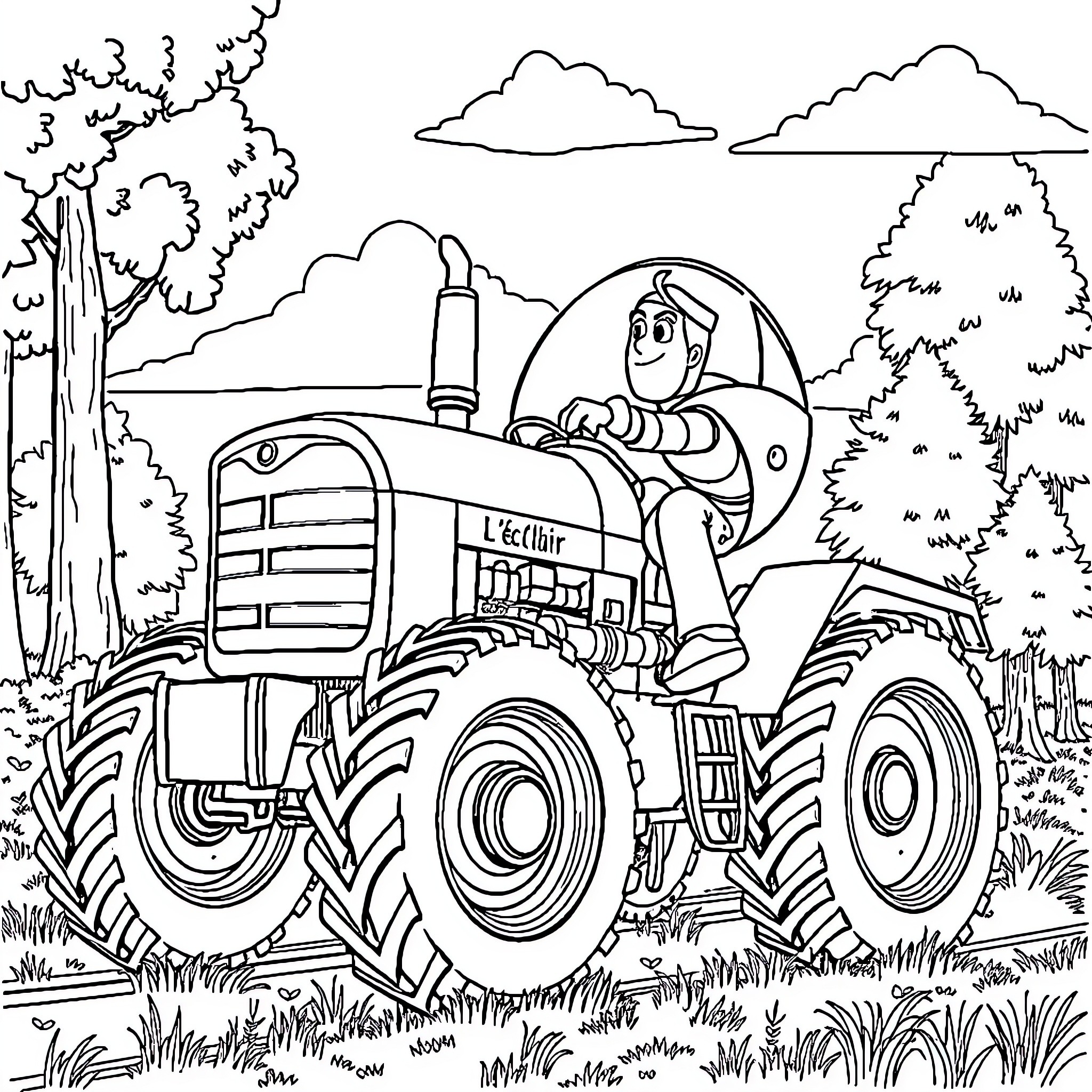 Buzz l'Éclair driving a tractor through the countryside Coloring Page (free black-and-white line drawing printable PDF for all, from beginners to advanced learners, including children, teens, adults, and seniors)