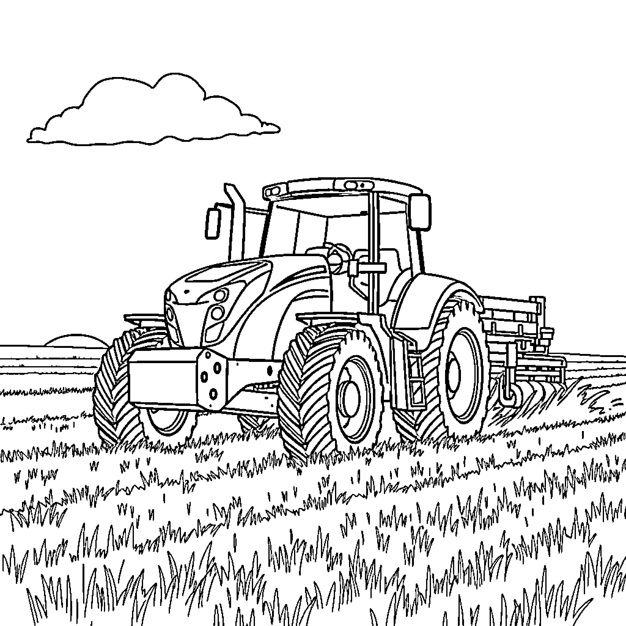 Tractor working in the field Coloring Page (free black-and-white line drawing printable PDF for all, from beginners to advanced learners, including children, teens, adults, and seniors)