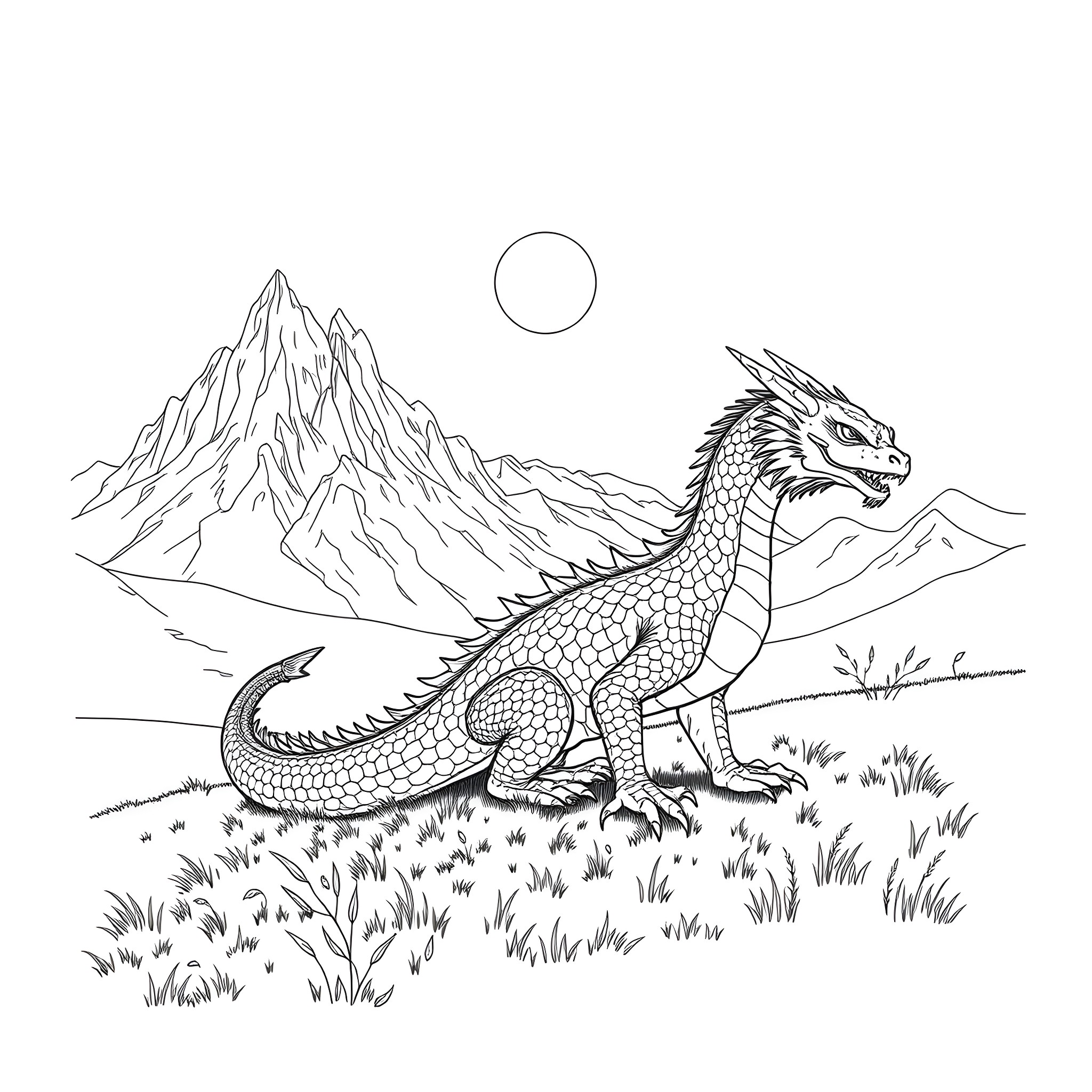 Dragon resting in the tranquil mountain landscape Coloring Page (free black-and-white line drawing printable PDF for all, from beginners to advanced learners, including children, teens, adults, and seniors)