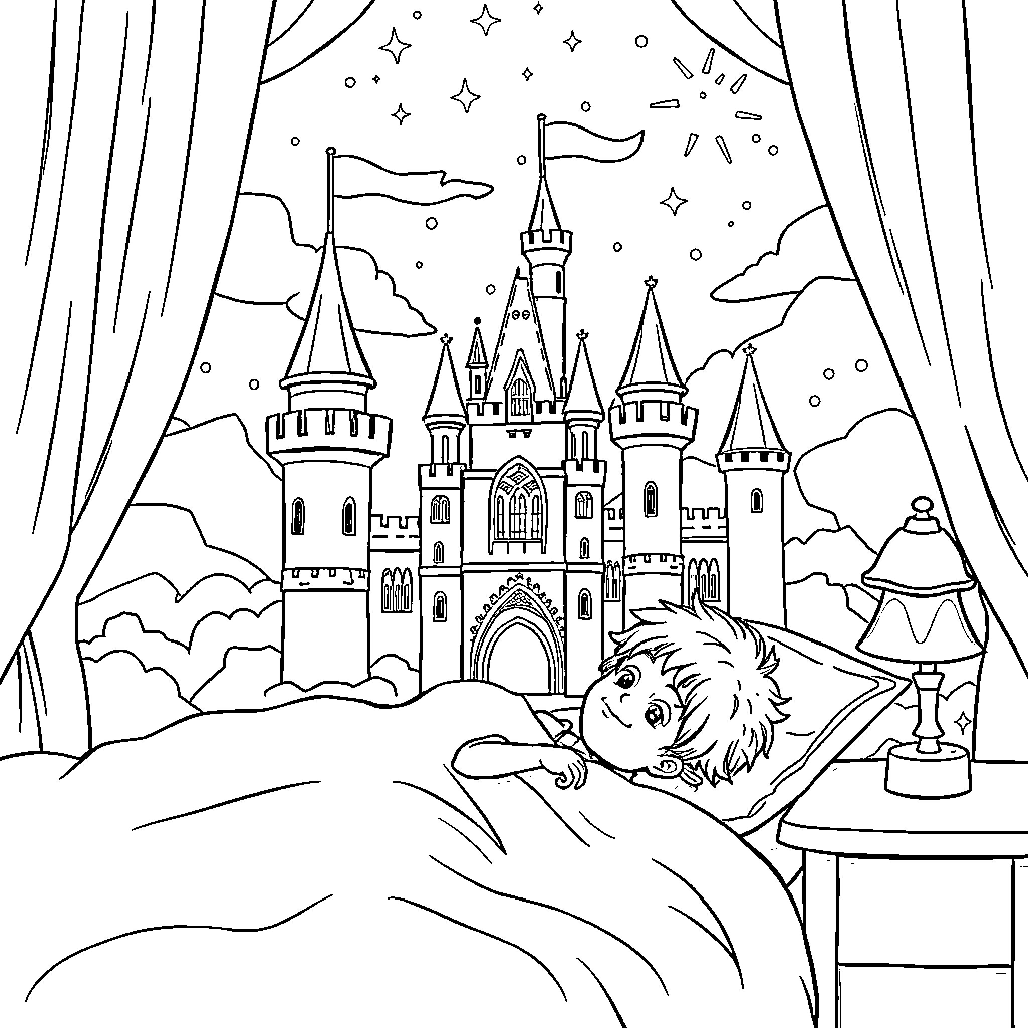 Child sleeping in magical castle bedroom Coloring Page (free black-and-white line drawing printable PDF for all, from beginners to advanced learners, including children, teens, adults, and seniors)