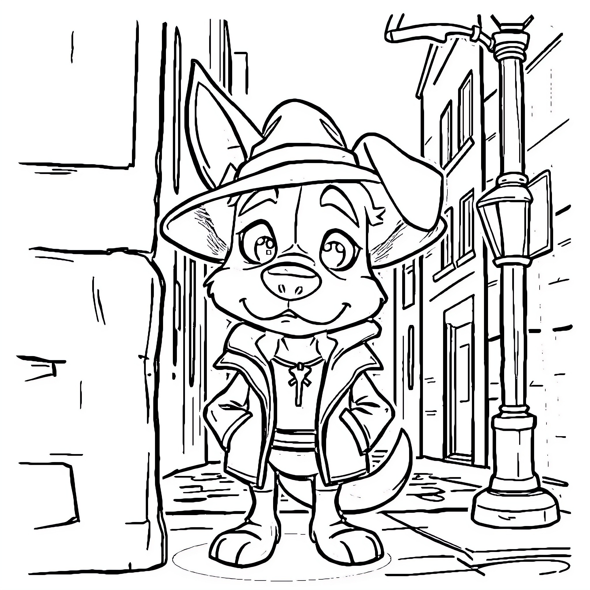 Bluey the Friendly Gnome Explores the City Streets Coloring Page (free black-and-white line drawing printable PDF for all, from beginners to advanced learners, including children, teens, adults, and seniors)