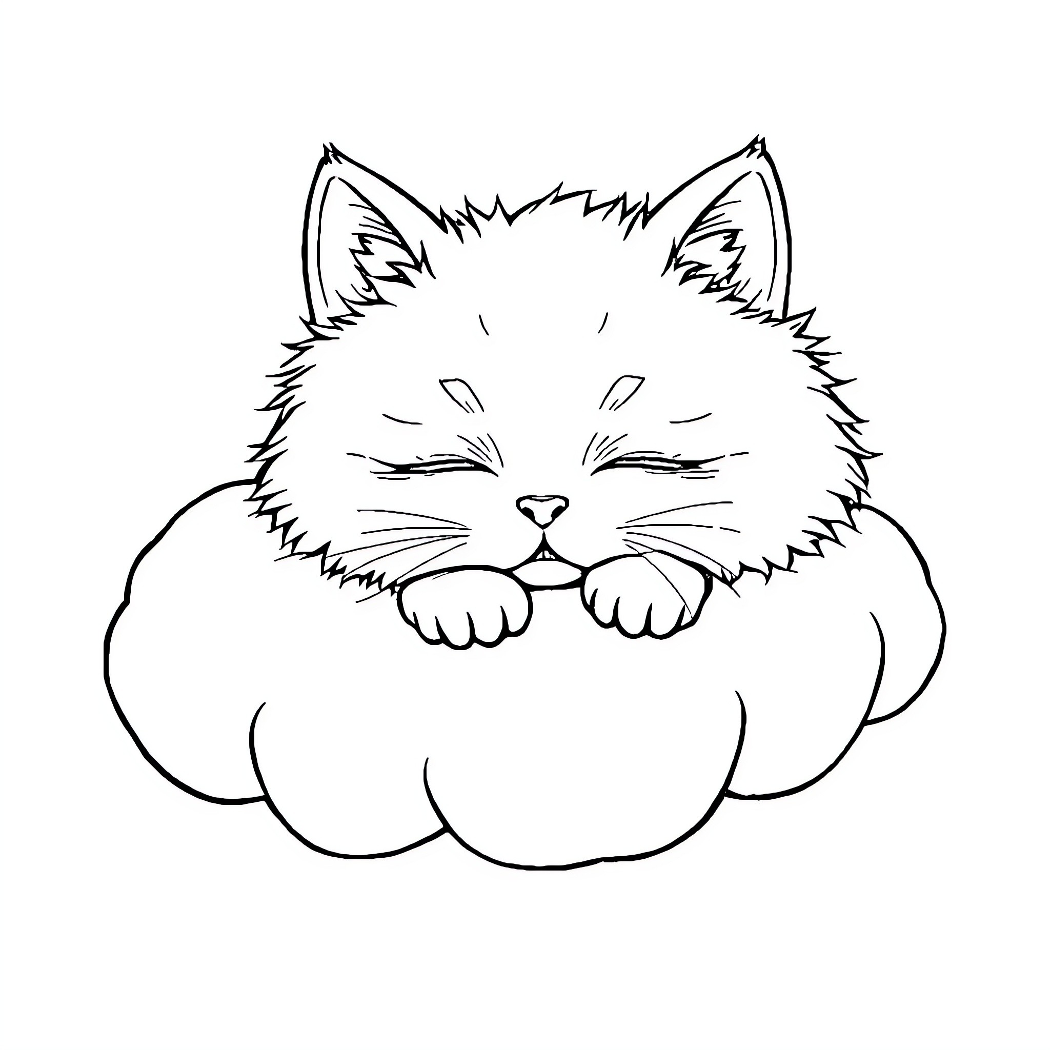 Cat curled up in a cozy nap Coloring Page (free black-and-white line drawing printable PDF for all, from beginners to advanced learners, including children, teens, adults, and seniors)