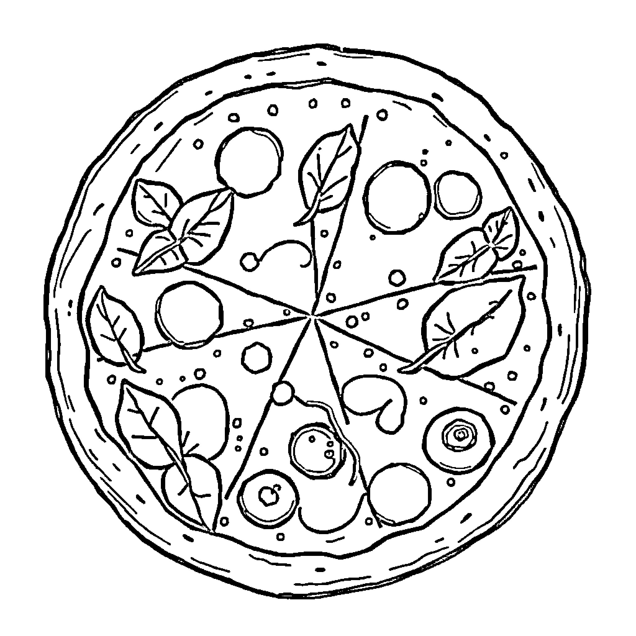 Pizza with fresh herbs and vegetables Coloring Page (free black-and-white line drawing printable PDF for all, from beginners to advanced learners, including children, teens, adults, and seniors)