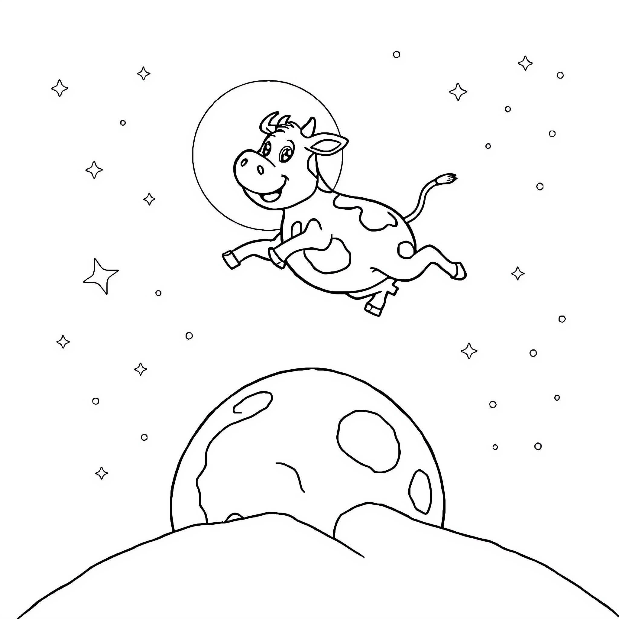 Cow jumping joyfully in the starry night Coloring Page (free black-and-white line drawing printable PDF for all, from beginners to advanced learners, including children, teens, adults, and seniors)