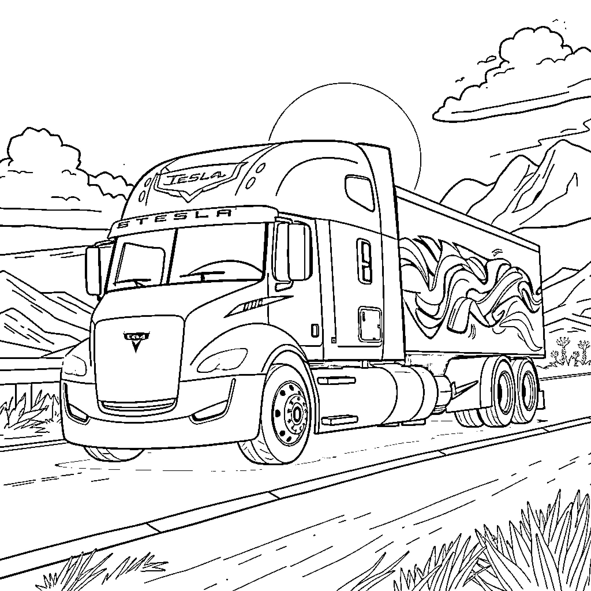 Truck transporting cargo through mountainous landscape Coloring Page (free black-and-white line drawing printable PDF for all, from beginners to advanced learners, including children, teens, adults, and seniors)