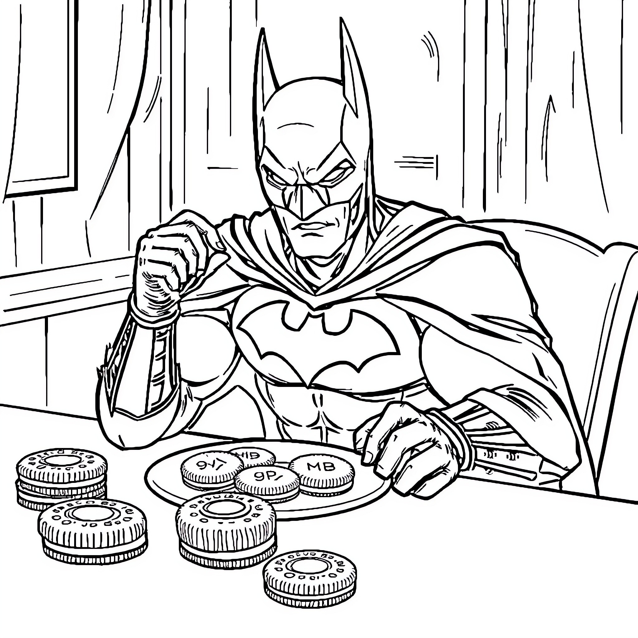 Batman counting coins in a dark room Coloring Page (free black-and-white line drawing printable PDF for all, from beginners to advanced learners, including children, teens, adults, and seniors)
