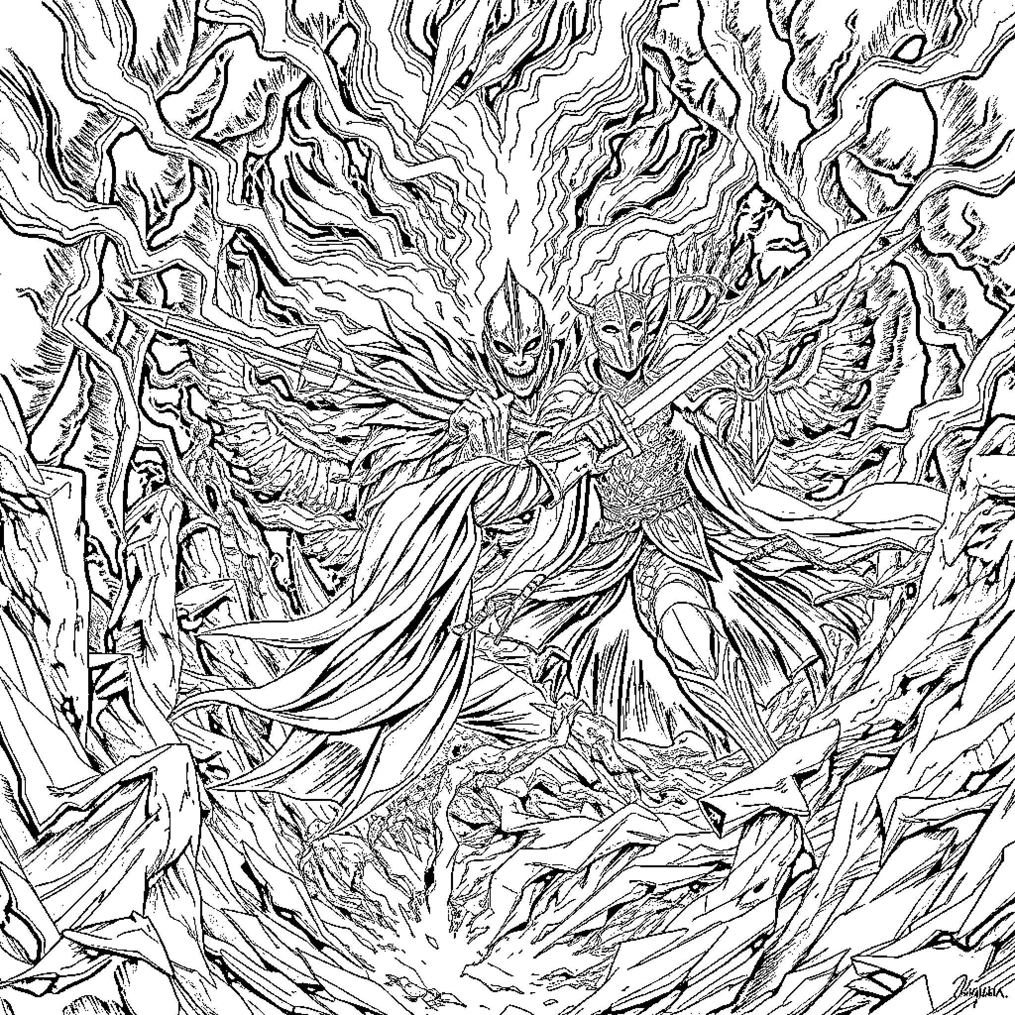 Ornstein, Majestic Warden of the Abyss Coloring Page (free black-and-white line drawing printable PDF for all, from beginners to advanced learners, including children, teens, adults, and seniors)